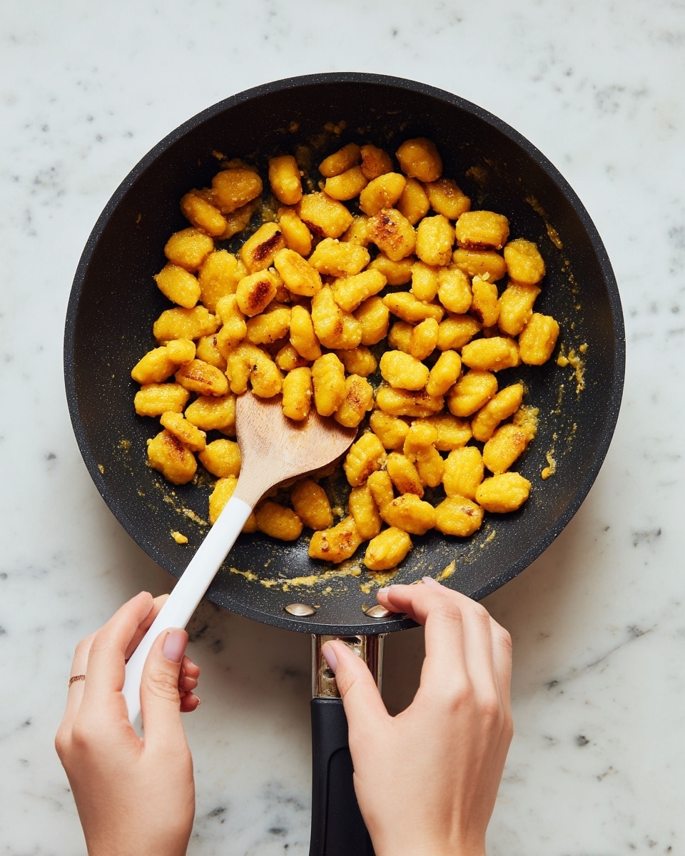 A white woman's hand holds the black handle of a frying pan filled with golden yellow gnocchi pieces, some browned lightly on top. The other white woman's hand uses a white-handled wooden spoon to stir the gnocchi gently in the pan. The pan sits on a white marbled surface. The overall scene shows cooking in action with warm colors of the gnocchi contrasting the dark pan and light background. Photo taken with an iphone --ar 4:5 --v 7