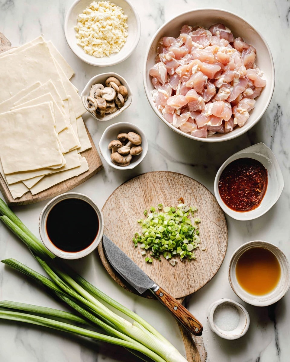 This image shows a collection of cooking ingredients and tools arranged on a white marbled surface. At the center is a round white bowl filled with raw, pink chopped chicken pieces. Below it is a round wooden cutting board with chopped green onions near the top center and whole green onions placed diagonally at the bottom. A knife with a wooden handle lies next to the chopped onions. To the left of the cutting board are square sheets of light beige dough stacked neatly. Surrounding the board and bowl are small white bowls with different ingredients: one with chopped brown mushrooms, one with dark soy sauce, one with a thick red chili sauce, one with a pale liquid, one with white powder, one with amber-colored liquid, and another with darker sauce. Everything is placed neatly and looks fresh and prepared for cooking. Photo taken with an iphone --ar 4:5 --v 7