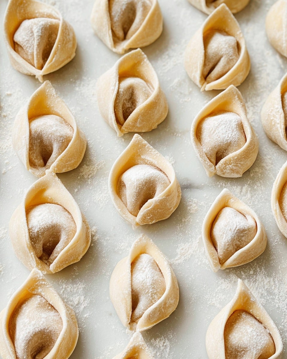 This image shows many small dumplings placed neatly on a white marbled surface. Each dumpling has two layers of light beige dough wrapped around a filling, shaped into a tight, curved fold resembling a small pouch with a rounded center and pinched edges. The dough looks soft and slightly dusted with flour, giving a powdery texture on top. All dumplings are evenly spaced across the surface, with their folds creating gentle shadows that bring out their shape and thickness. Photo taken with an iphone --ar 4:5 --v 7