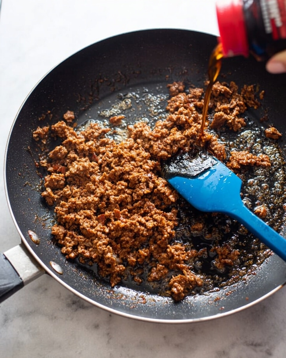 In a black frying pan, there is cooked, finely chopped brown meat spread unevenly over the surface, with some oil bubbling around it. A blue spatula rests inside the pan on the right side, slightly lifting a portion of the meat. A woman's hand is pouring a dark liquid from a red-capped bottle into the pan from the upper right corner. The background surface is white marbled. photo taken with an iphone --ar 4:5 --v 7