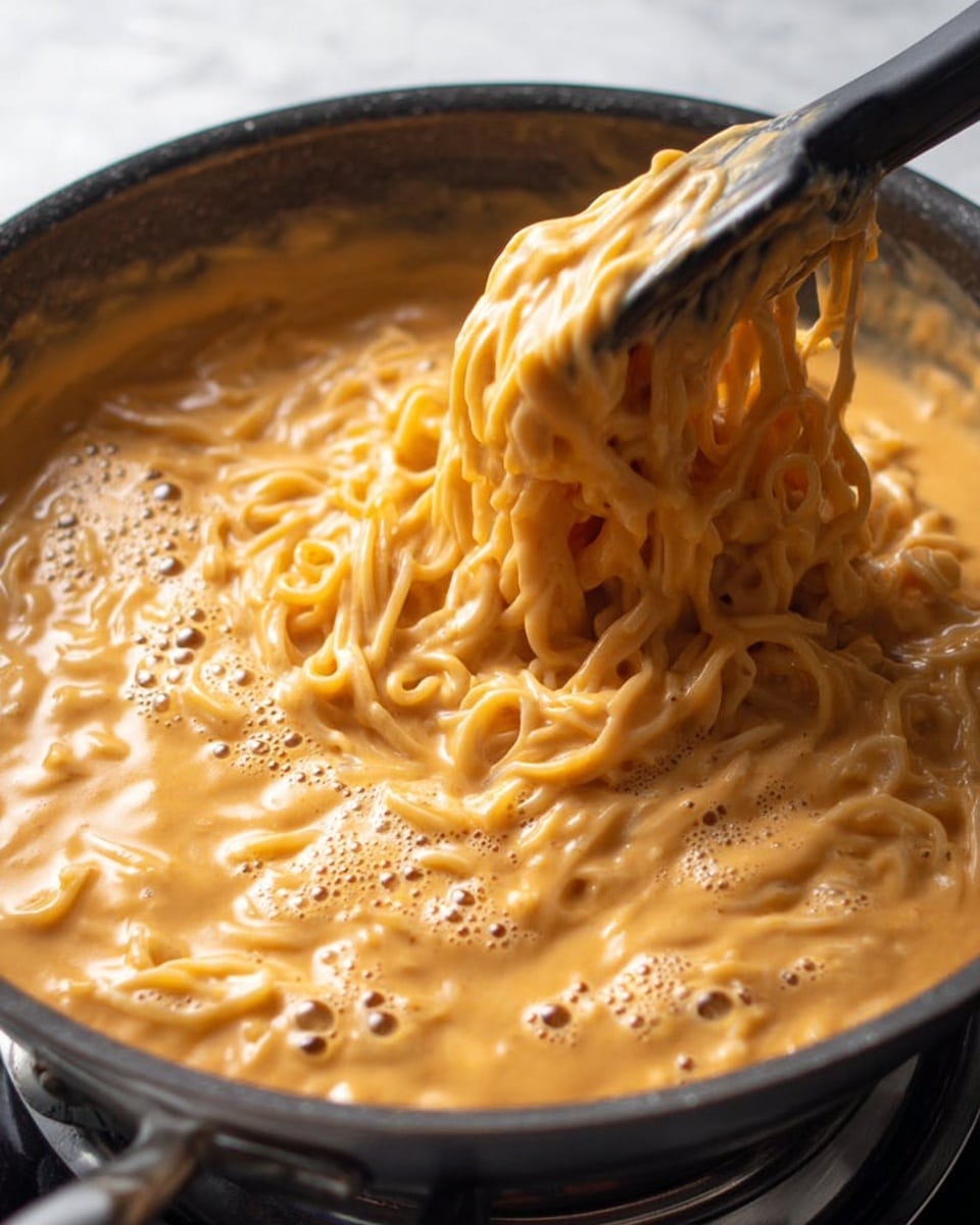 A close-up of a pan filled with creamy orange sauce and noodles mixed inside. The noodles are being lifted gently by a black kitchen spatula, showing their soft and smooth texture. The sauce is thick and bubbling slightly, covering the noodles evenly, with small bubbles visible on the surface. The pan is sitting on a white marbled surface, and the stovetop dial is partially visible in the corner. The lighting highlights the warm, rich color of the dish. photo taken with an iphone --ar 4:5 --v 7
