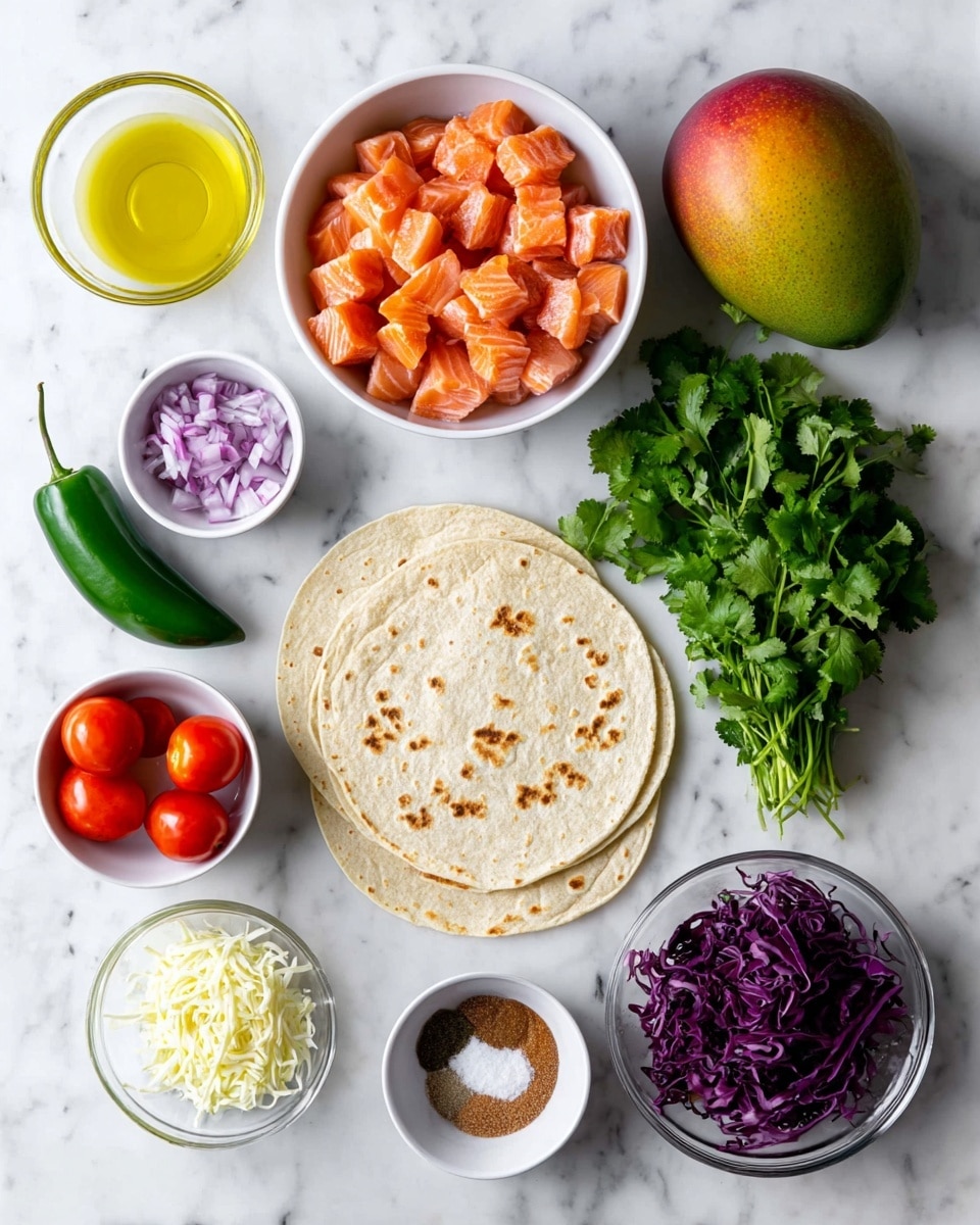 A flat lay of ingredients arranged neatly on a white marbled surface. At the center bottom is a stack of three soft light beige tortillas with slight brown spots. Above and slightly right is a white bowl filled with evenly cut orange-pink salmon chunks. To the right of the bowl is a small bunch of green cilantro with delicate leaves and stems. Above the cilantro is a small white bowl filled with bright yellow olive oil. Next to it is a small clear glass bowl with grated white cheese and below it a small white bowl with brown spice powder. At the top right is a large mango showing green, orange, and red patches. Above the mango is a white bowl with shredded dark purple cabbage. Directly left are small white and clear bowls containing light beige seasoning, purple chopped onions, and several bright red grape tomatoes. At center left is a whole green jalapeño pepper. The photo taken with an iphone --ar 4:5 --v 7