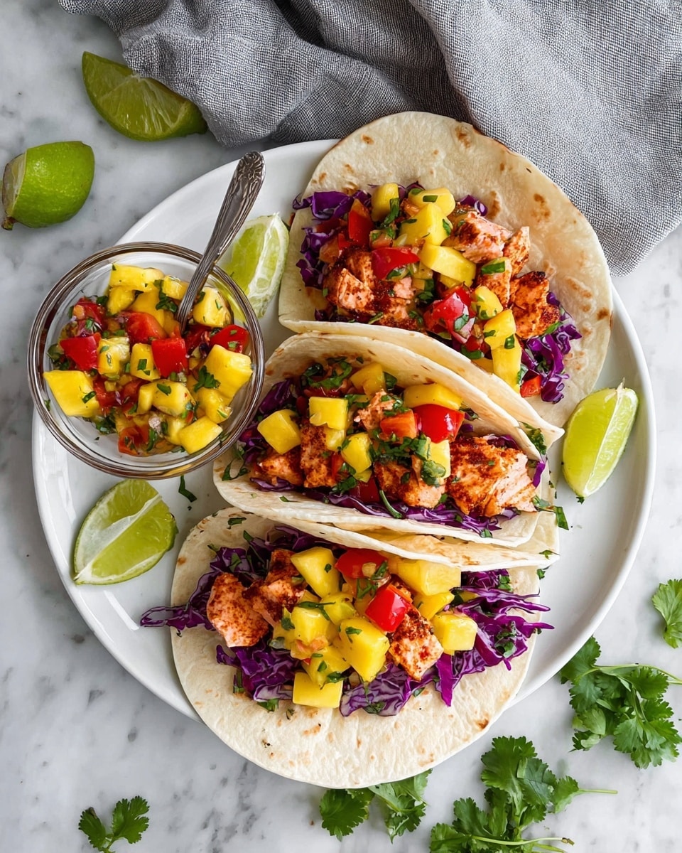 There are three soft white tortillas on a white plate, each filled with layers of shredded purple cabbage at the bottom, small pieces of cooked seasoned salmon with a reddish-brown color, and topped with bright yellow diced mango, red cherry tomato halves, and green herbs. A few lime wedges are placed on the plate beside the tacos along with scattered green cilantro leaves. To the left of the tacos, there is a small clear glass bowl with a silver spoon, filled with the same mango and tomato salsa. The plate is set on a white marbled surface with a gray cloth partially visible in the upper corner. Photo taken with an iphone --ar 4:5 --v 7
