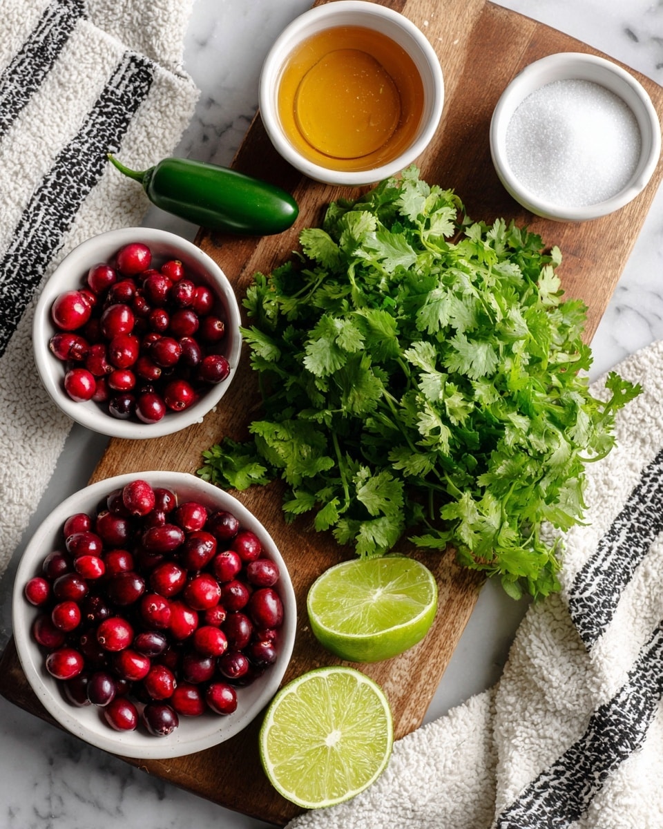 The image shows a wooden board with fresh green cilantro and a whole dark green jalapeno pepper on top. Two halves of a bright green lime sit next to the cilantro. Surrounding the board on a white marbled surface are three small white bowls: one filled with shiny red cranberries, another with smooth golden honey, and the last with white granulated sugar. A white textured cloth with black stripes is partially draped near the board. photo taken with an iphone --ar 4:5 --v 7