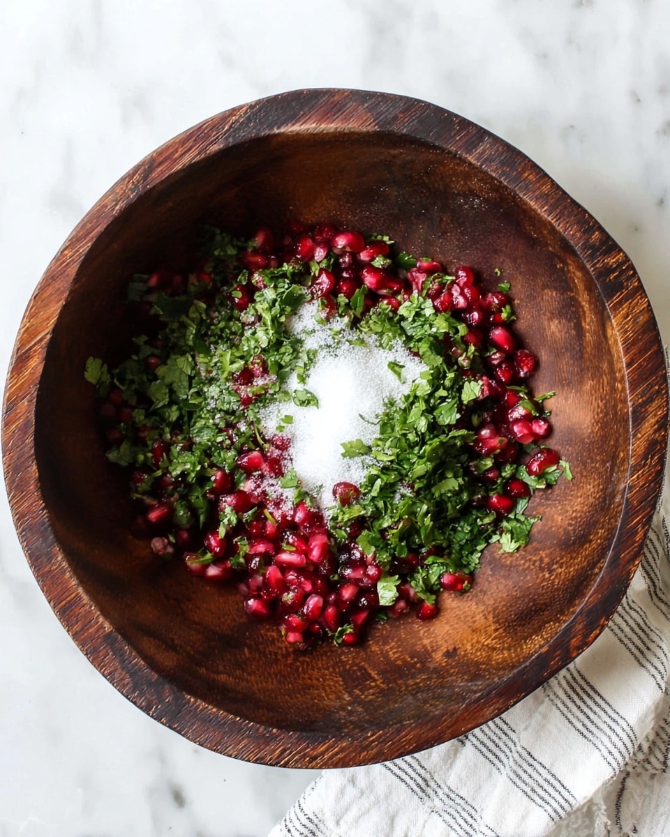 A dark wooden bowl holds a mixture of red pomegranate seeds and fresh green chopped cilantro, topped with a sprinkle of white granulated sugar in the center. The red seeds are clustered mostly around the outer part of the bowl, with a generous amount of green cilantro evenly mixed in and surrounding the sugar layer. The bowl sits on a white marbled surface with part of a white and gray striped cloth visible in the corner. The overall colors are rich red, bright green, and pure white against the dark wood texture. Photo taken with an iphone --ar 4:5 --v 7