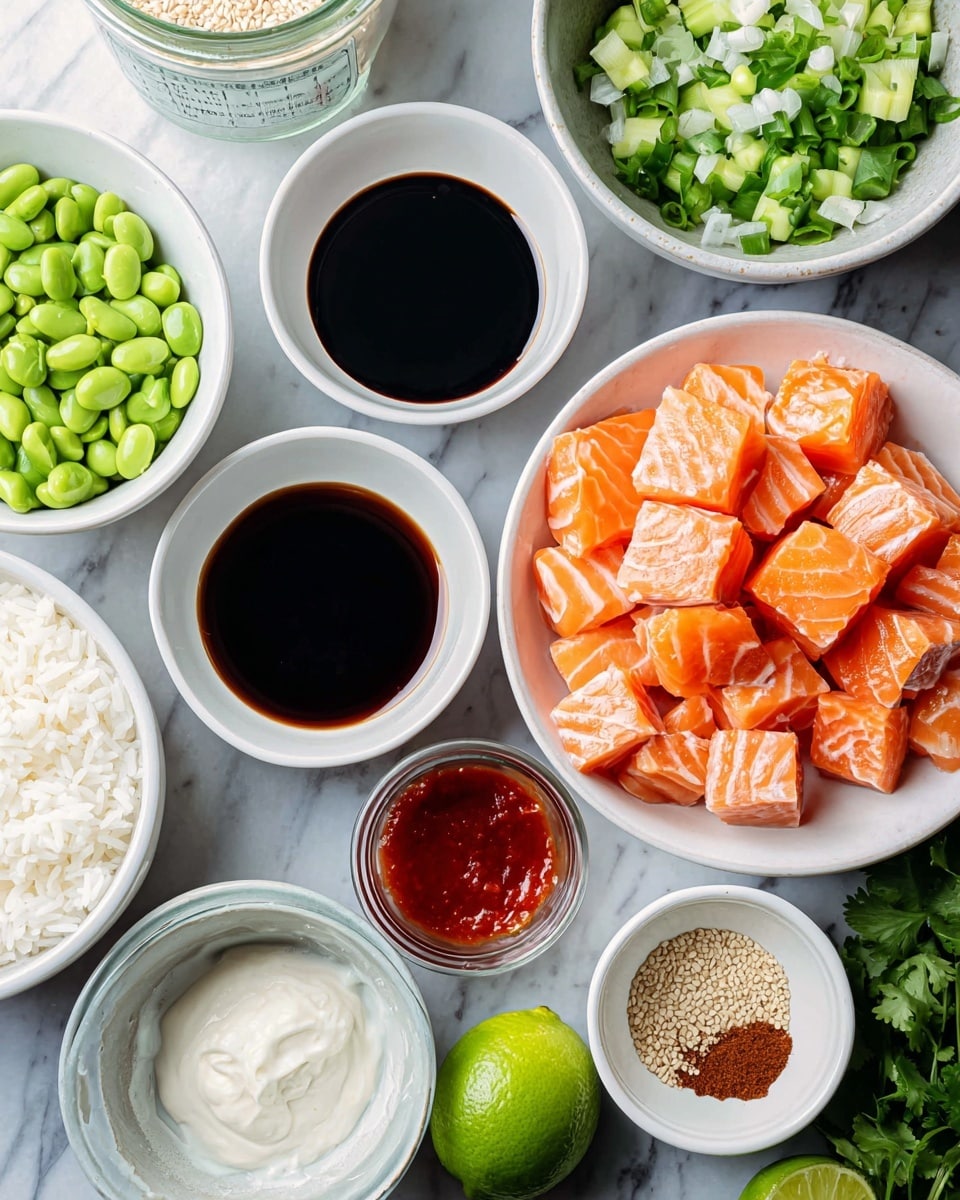 The image shows several white bowls arranged on a white marbled surface. In the top right bowl, there are many small cubes of fresh salmon, orange with white lines. Below it on the right, there is a bowl with dark soy sauce. Next to it is a green lime and fresh cilantro leaves. Below, a small bowl contains red sauce, thick and shiny. On the left side, there is a bowl of bright green edamame beans, a bowl with white and green chopped cucumber, and scallions. In the middle, an empty white bowl is near a small bowl with brown powder and a dark reddish sauce. To the bottom left, a clear glass container holds white cooked rice, and next to it is a bowl with white creamy sauces. There is also a jar of sesame seeds placed between the bowls. Photo taken with an iphone --ar 4:5 --v 7