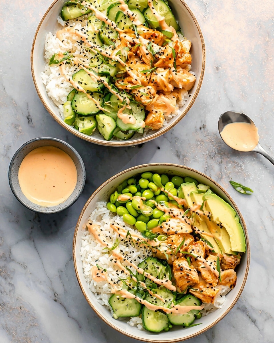 The image shows two white bowls filled with a colorful poke bowl arrangement on a white marbled surface. Each bowl has four main layers: on one side, bright green sliced cucumber and edamame beans mixed together; next to that is white rice with a light fluffy texture. On top of the rice sits a layer of golden-brown cooked chicken pieces, drizzled with light orange creamy sauce and sprinkled with black sesame seeds and small green herb leaves. Each bowl also contains a few slices of light green avocado, also touched with the creamy sauce. A small gray bowl with more of the creamy sauce and a silver spoon is placed nearby. Photo taken with an iphone --ar 4:5 --v 7