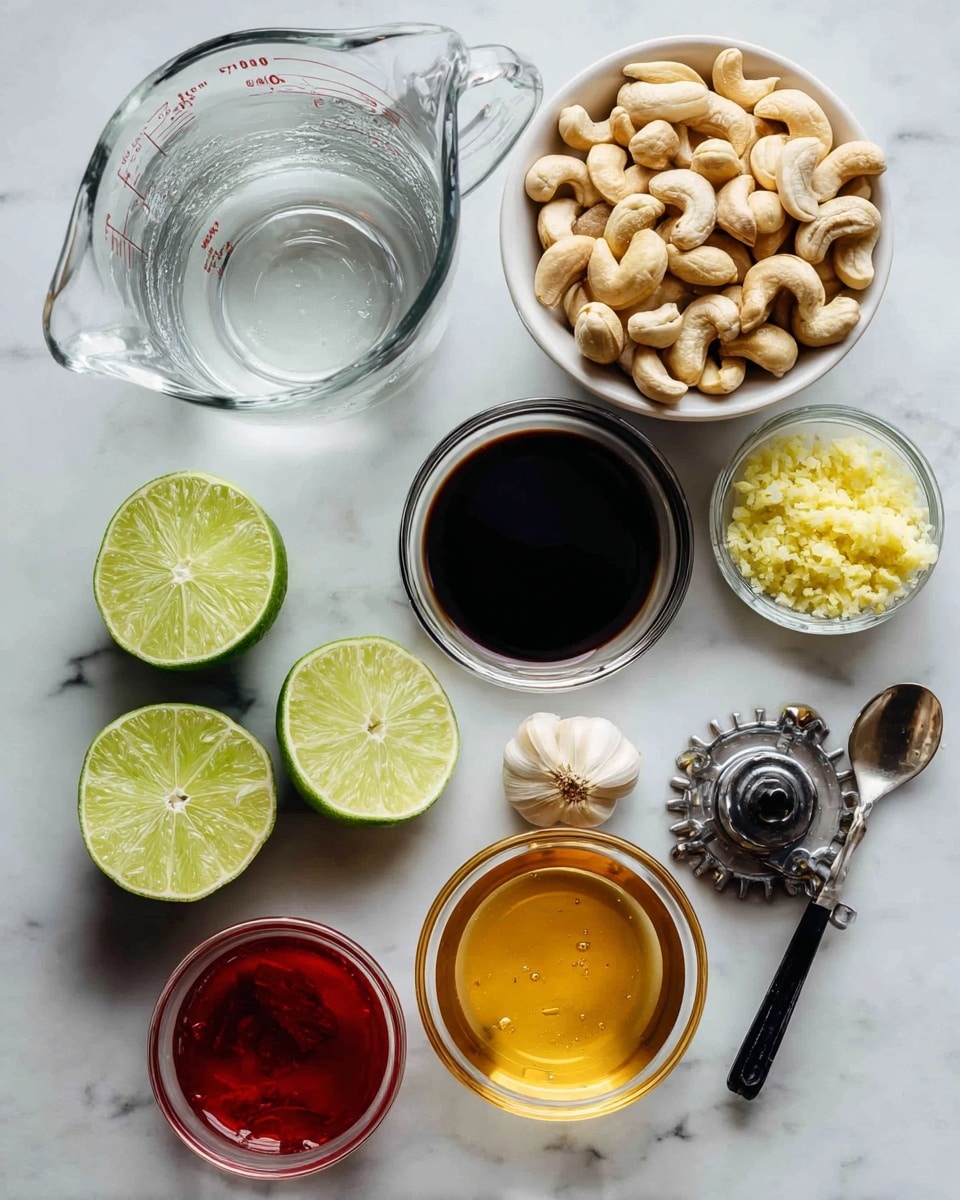 The image shows a flat lay of different ingredients arranged neatly on a white marbled surface. There are four lime halves on the left, bright green with visible pulp inside. Next to them is a clear glass measuring cup filled with water. Above it is a small white bowl filled with light brown cashews. To the right of the cashews, there's a small glass bowl with dark soy sauce and another glass bowl with a red sauce. Below the cashews is a small glass bowl filled with golden honey. A single peeled garlic clove and a black measuring spoon holding finely chopped yellow ginger are placed nearby. On the far right side, there is a blender base with exposed blades and a clear blender jar. photo taken with an iphone --ar 4:5 --v 7