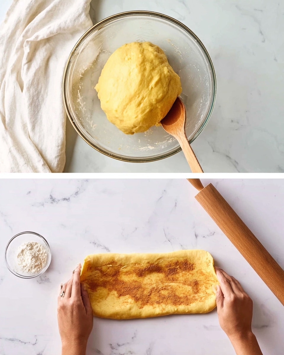 The first image shows a clear glass bowl with a ball of yellow dough inside, which looks smooth and soft. A wooden spoon rests in the bowl, partially covered with the dough. The bowl is placed on a white marbled surface with a white cloth slightly visible at the top left. The second image shows a woman's hands rolling a rectangular piece of dough filled with a reddish-brown mixture, folding it on a white marbled surface. Nearby, there is a small clear glass bowl with some white ingredient inside and a rolling pin above the dough. Photo taken with an iphone --ar 4:5 --v 7