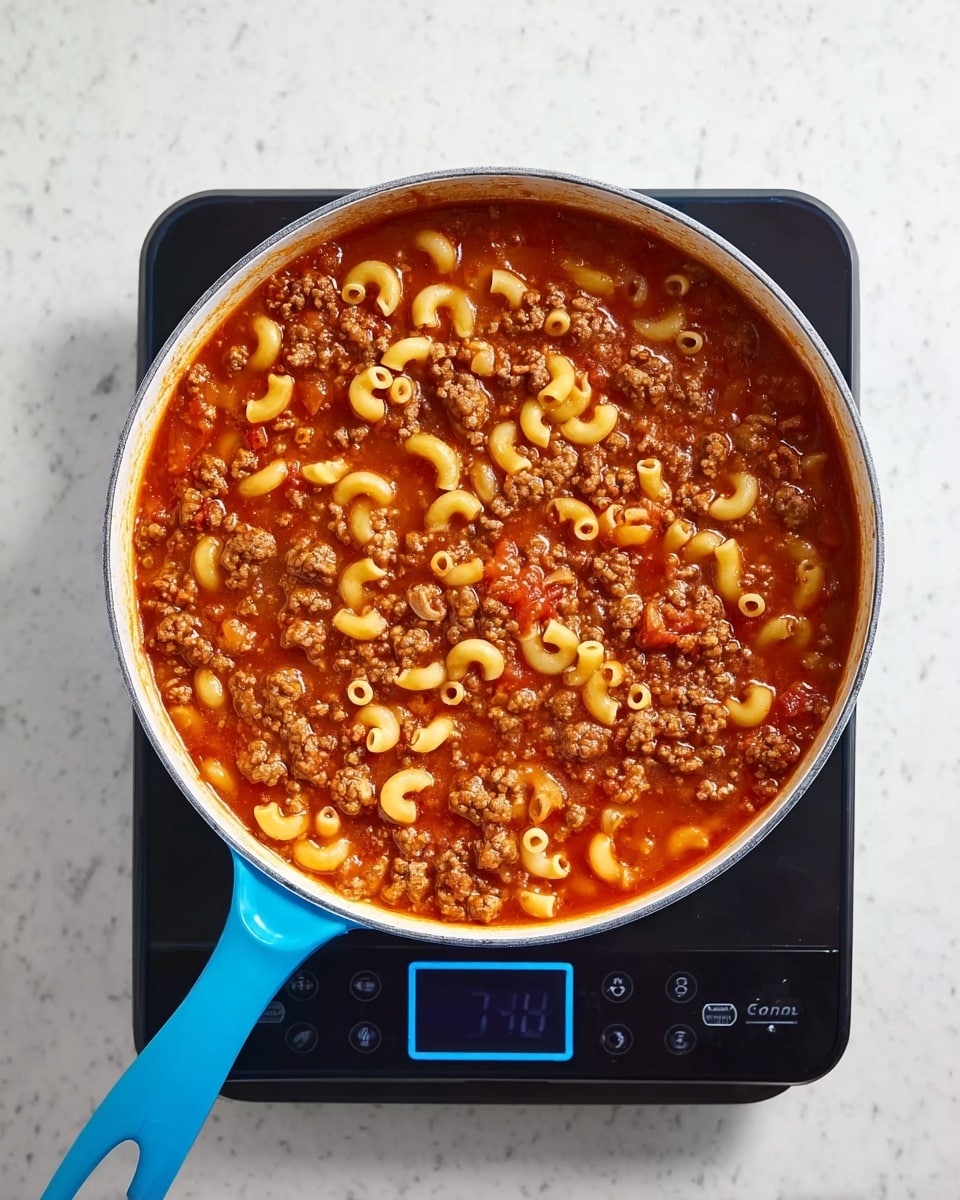 A top-down view of a blue-handled white pot filled with a mix of small elbow macaroni pasta and browned ground meat in a rich red tomato sauce. The macaroni pieces are scattered evenly through the sauce, appearing soft and slightly swollen, while the ground meat is broken into small crumbly chunks distributed throughout. The pot sits on a black electric burner with a blue digital display, all placed on a white marbled surface. Photo taken with an iphone --ar 4:5 --v 7