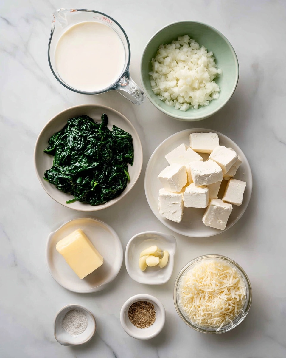 A white marbled surface holds eight containers with cooking ingredients neatly arranged. At the top left is a clear measuring cup filled with white heavy cream. To its right, a white bowl contains small pieces of chopped white onion. Below the cream is a pale green bowl with dark green cooked spinach. Next to the spinach, a small white plate holds several white cream cheese cubes tightly packed. Below the onion and cream cheese, there is a small white plate with a cube of pale yellow butter. To the left of the butter, a tiny white dish holds finely chopped garlic. Adjacent to the garlic, another tiny white plate holds some ground nutmeg as a brown powder. At the bottom right, a clear measuring cup holds a heap of finely grated pale yellow parmesan cheese. photo taken with an iphone --ar 4:5 --v 7