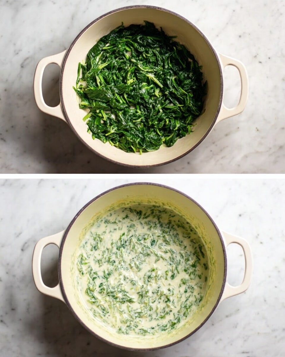The first image shows a white pot with green cooked spinach placed in the center, on a white marbled surface. The second image shows the same white pot with the spinach now mixed with a creamy white sauce, creating a speckled light green texture evenly spread inside the pot, all photographed on a white marbled surface. photo taken with an iphone --ar 4:5 --v 7