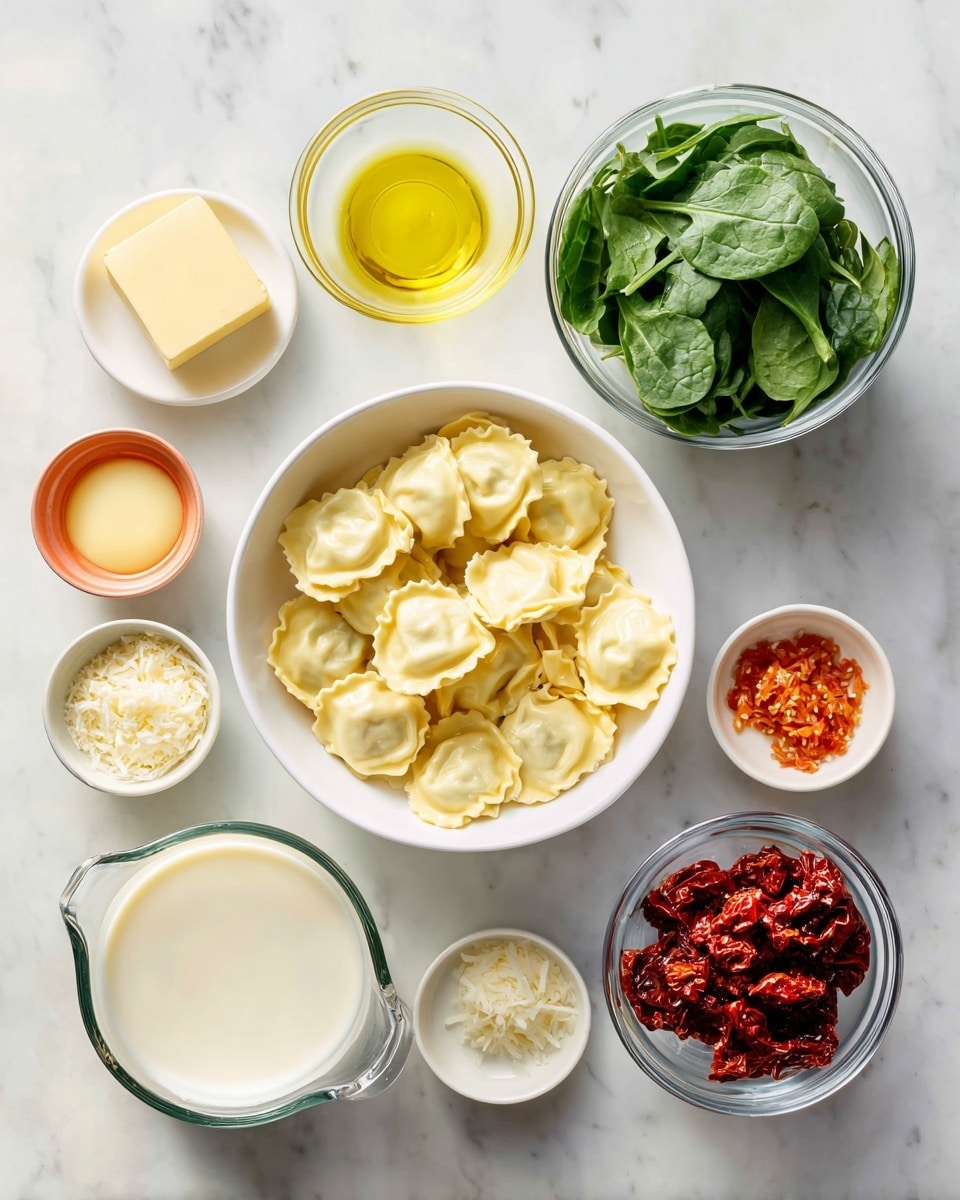 The image shows a white bowl filled with pale yellow cheese ravioli, placed on a white marbled surface. Around it are small white containers holding different ingredients: a small square of butter in one, bright yellow olive oil in another, and fresh green spinach leaves in a glass measuring cup. There is also a glass measuring cup filled with creamy white heavy cream and another with light brown chicken broth. A small light pink dish holds pale lemon juice, an orange dish contains finely minced garlic, and a metal measuring cup holds deep red sun-dried tomatoes. The setup is neat with a bright and clean look, all items placed on the white marbled background. Photo taken with an iphone --ar 4:5 --v 7