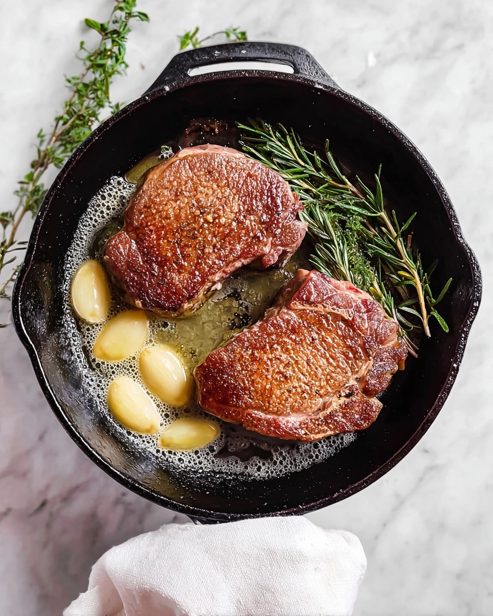 The image shows a black cast iron pan with two thick, browned steaks in the center, each showing a lightly crisped, golden-brown outer layer with a juicy, slightly pink interior edge. To the left of the steaks, several cloves of garlic with a pale yellow color sit in melted butter that has a soft, bubbly texture. On the right side, there are fresh green sprigs of rosemary resting against the steaks. The pan is held by a woman's hand wrapped in a white cloth, and it is placed on a white marbled surface. Photo taken with an iphone --ar 4:5 --v 7