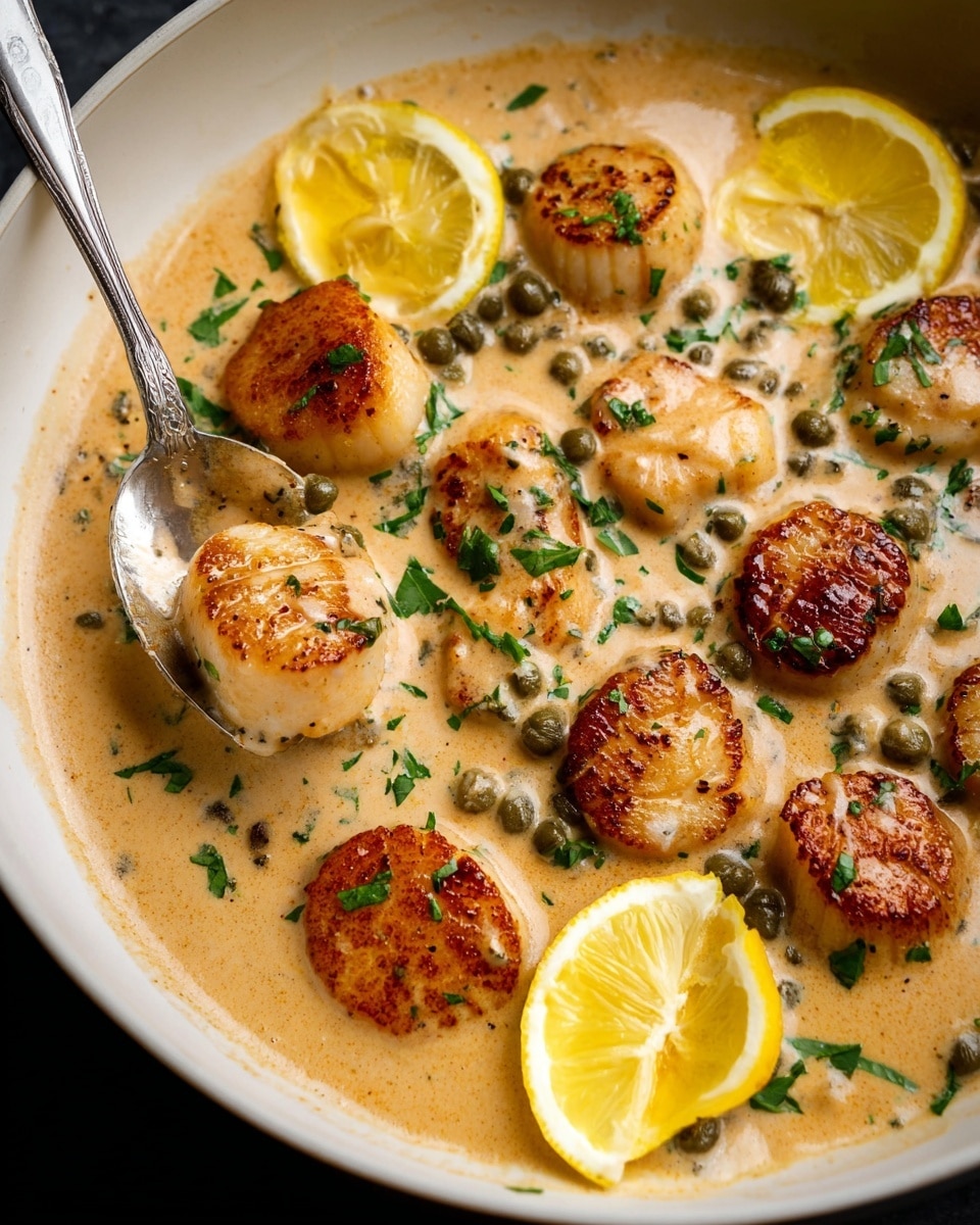 The image shows a close-up of a dish with a creamy light brown sauce filled with small green herbs and capers. On top of the sauce, there are several round, golden-brown seared scallops arranged unevenly. Bright yellow lemon wedges are placed in the sauce around the scallops, adding a fresh contrast. A silver spoon holding one scallop is partially dipped in the sauce on the left side. The whole dish is presented on a white marbled surface. photo taken with an iphone --ar 4:5 --v 7
