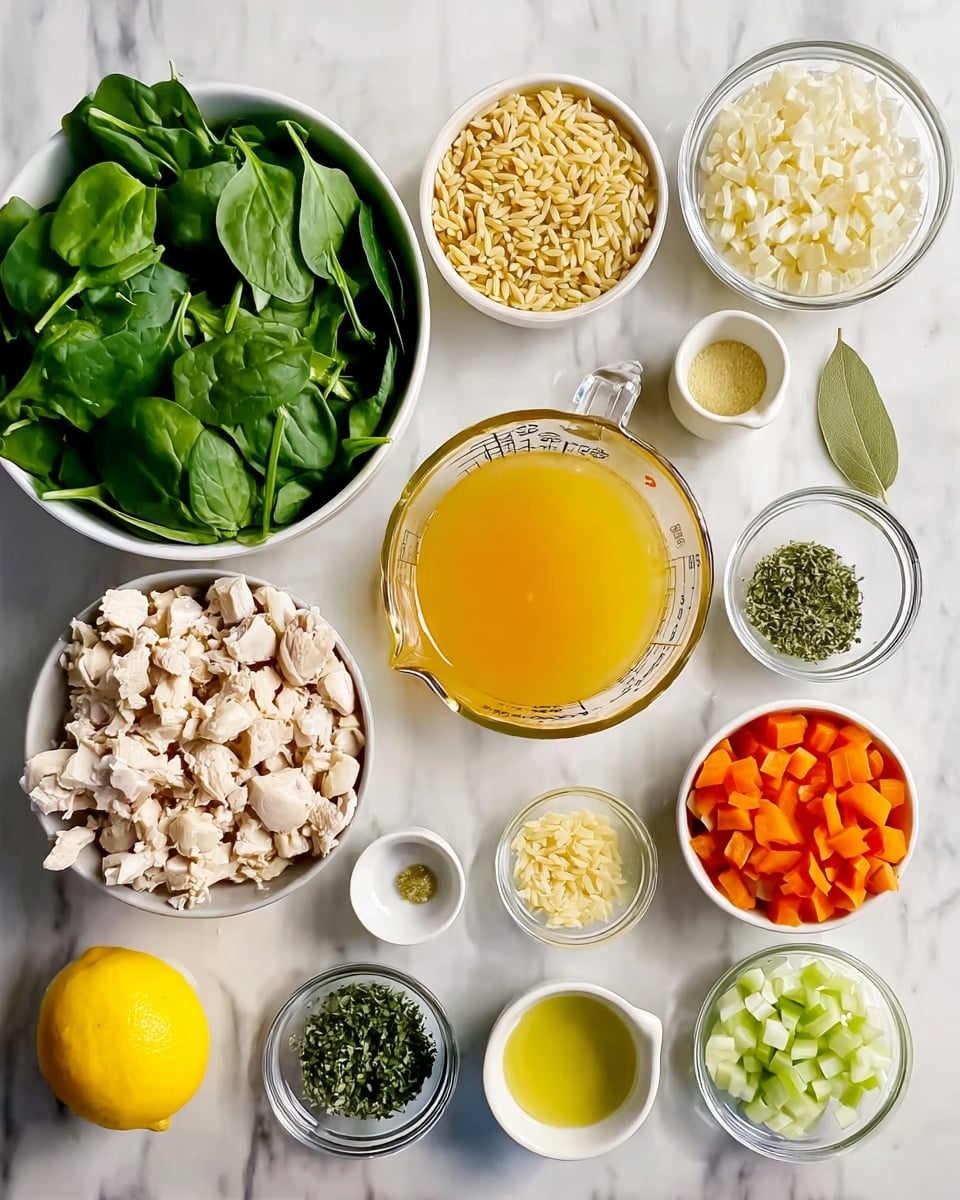 A top view of several small white bowls and a clear glass measuring cup arranged neatly on a white marbled surface, each holding different ingredients: a large bowl full of fresh green spinach leaves, a measuring cup filled with bright yellow broth, small bowls with chopped celery, chopped white onions, diced orange carrots, cooked white chicken pieces, and light tan orzo pasta. There are also tiny bowls containing green herbs, yellow lemon zest, grated cheese, a pale yellow liquid, minced garlic, a whole yellow lemon, and a bay leaf. The ingredients are organized neatly, showing a colorful mix of fresh vegetables, cooked meat, and seasonings. Photo taken with an iphone --ar 4:5 --v 7