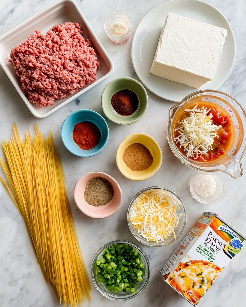 The image shows several cooking ingredients arranged on a white marbled surface. On the left is a white tray with raw pinkish ground beef. Next to it, a white plate holds a thick block of white cream cheese. Around these are small bowls containing different powders: a green bowl with dark red chili powder, a light blue bowl with smoked paprika, a dark blue bowl with light beige garlic powder, a pink bowl with brown ground cumin, and a yellow bowl with pale onion powder. In the center, there is a bundle of uncooked yellow spaghetti. A clear measuring cup is filled with a mix of shredded white and yellow Mexican cheese. Nearby is an open can showing red and green diced Rotel tomatoes. A white bowl contains chopped green scallions, and a carton of Pacific Foods organic beef broth sits on the bottom right, showing an orange soup image on its front. photo taken with an iphone --ar 4:5 --v 7