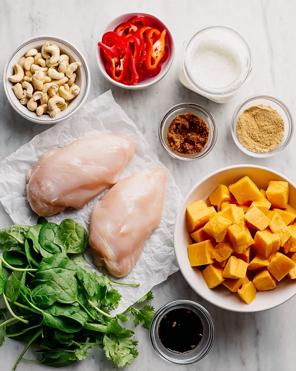 The image shows two raw chicken breasts placed on white parchment paper on a white marbled surface. Around the chicken, there are several small white bowls containing different ingredients: a bowl of raw cashews, a bowl of red bell pepper slices, a bowl of a light brown powder, a bowl of a dark brown paste, a bowl with a dark liquid, and a bowl with white granules. Nearby, there is a large white bowl filled with small cubed pieces of orange squash. Fresh green spinach leaves and sprigs of cilantro lay on the white marbled background. A woman’s hand holds a white container of coconut milk on one side. Photo taken with an iphone --ar 4:5 --v 7