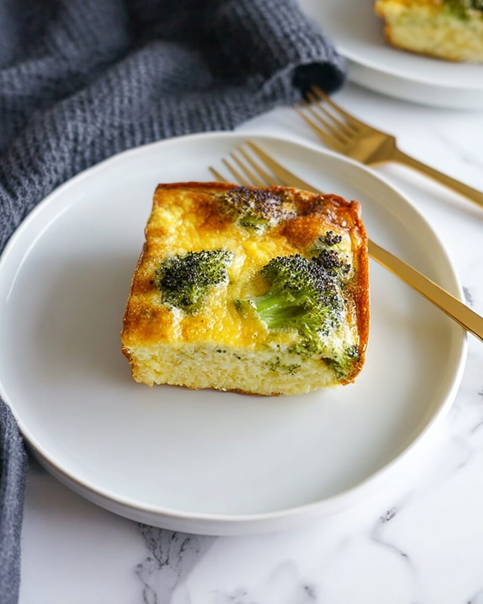 A single square piece of broccoli and cheese quiche sits in the center of a round white plate. The quiche has a golden-brown crust at the edges and a creamy yellow egg layer with visible green broccoli pieces on top. The surface of the quiche looks slightly browned and textured with melted cheese. The plate rests on a white marbled surface with a dark gray cloth in the top background and a golden fork placed to the right side of the plate. The photo has soft natural lighting. photo taken with an iphone --ar 4:5 --v 7