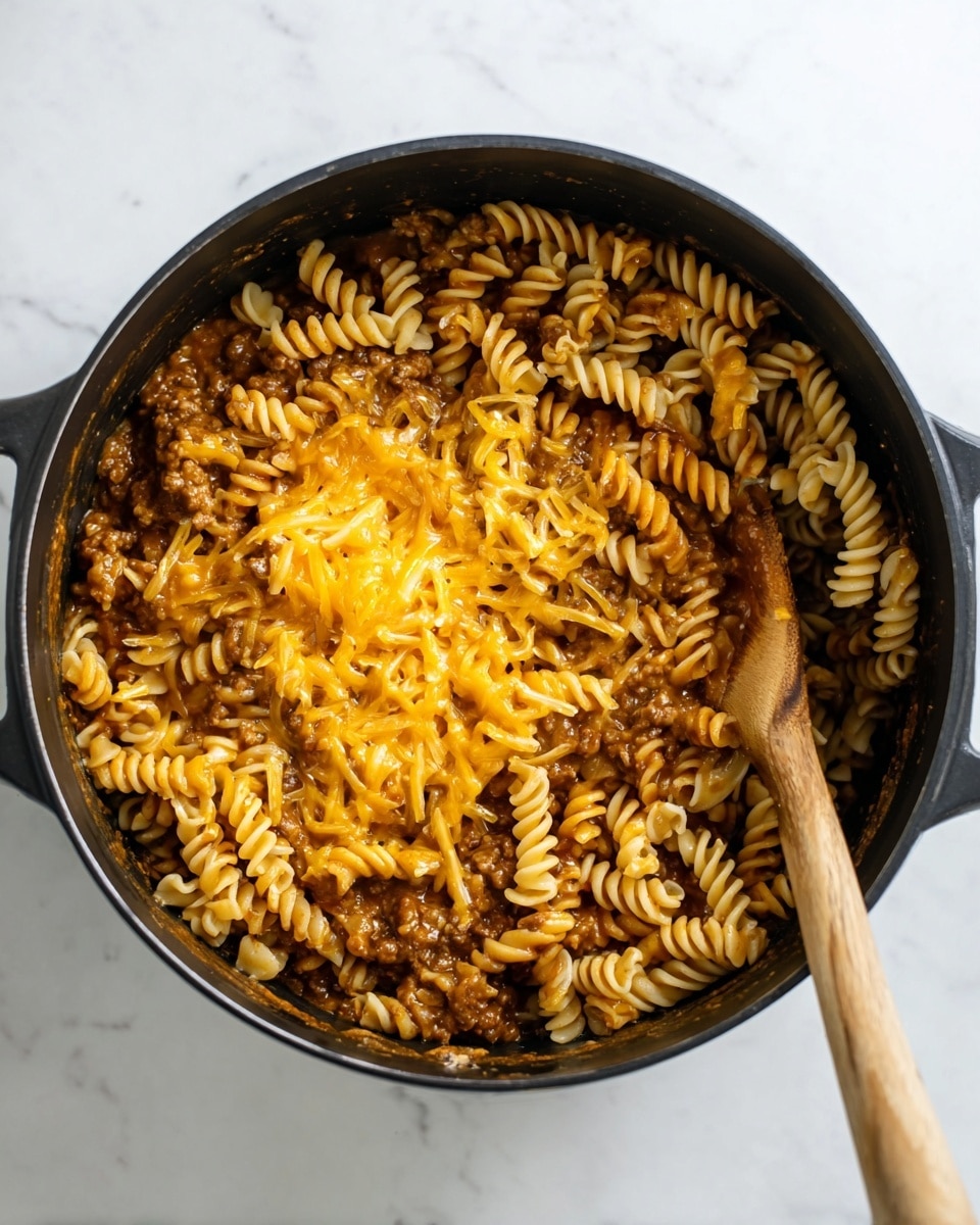 The image shows a black pot filled with cooked spiral pasta mixed with a brown meat sauce and melted shredded cheese on top. The pasta is light golden brown, the meat sauce is thick and slightly darker brown, and the cheese is orange-yellow, partially melted and layered over the pasta. A wooden spoon rests on the right side inside the pot. The pot is set on a white marbled surface. photo taken with an iphone --ar 4:5 --v 7