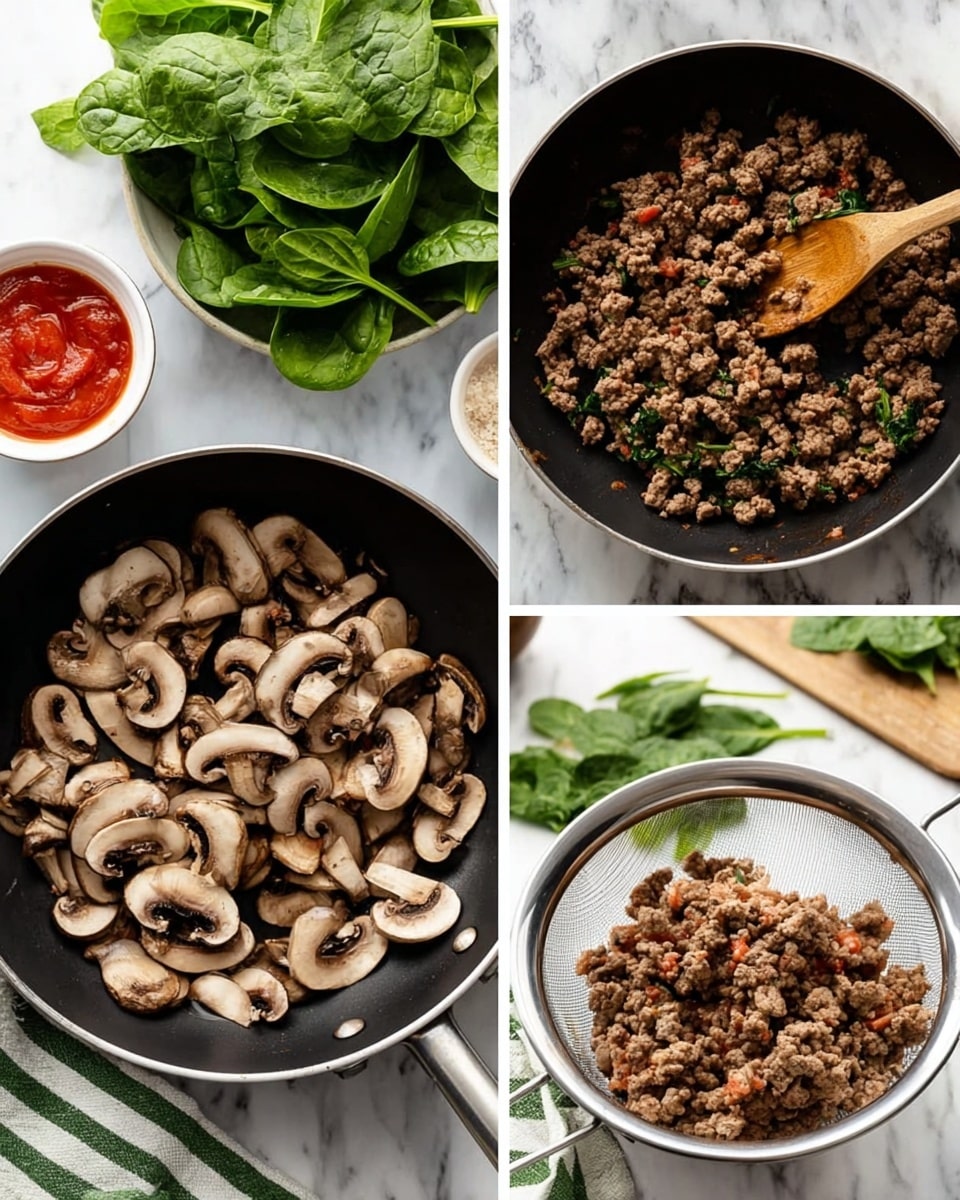 The image shows three close-up scenes of cooking ingredients on a white marbled surface. The left side features a black pan filled with browned sliced mushrooms spread evenly, their golden-brown edges and soft texture visible. Above the pan on the marble surface, a bunch of fresh, bright green spinach leaves add a fresh look, and a white bowl with red sauce is partly visible. The top right scene shows cooked ground meat with a crumbly texture inside a black pan being stirred by a wooden spoon, with more spinach and a white bowl of sauce nearby on the white marbled surface. The bottom right scene shows cooked ground meat with a coarse texture inside a metal mesh strainer over a container, ready to drain, with a green and white striped towel under it. Photo taken with an iphone --ar 4:5 --v 7