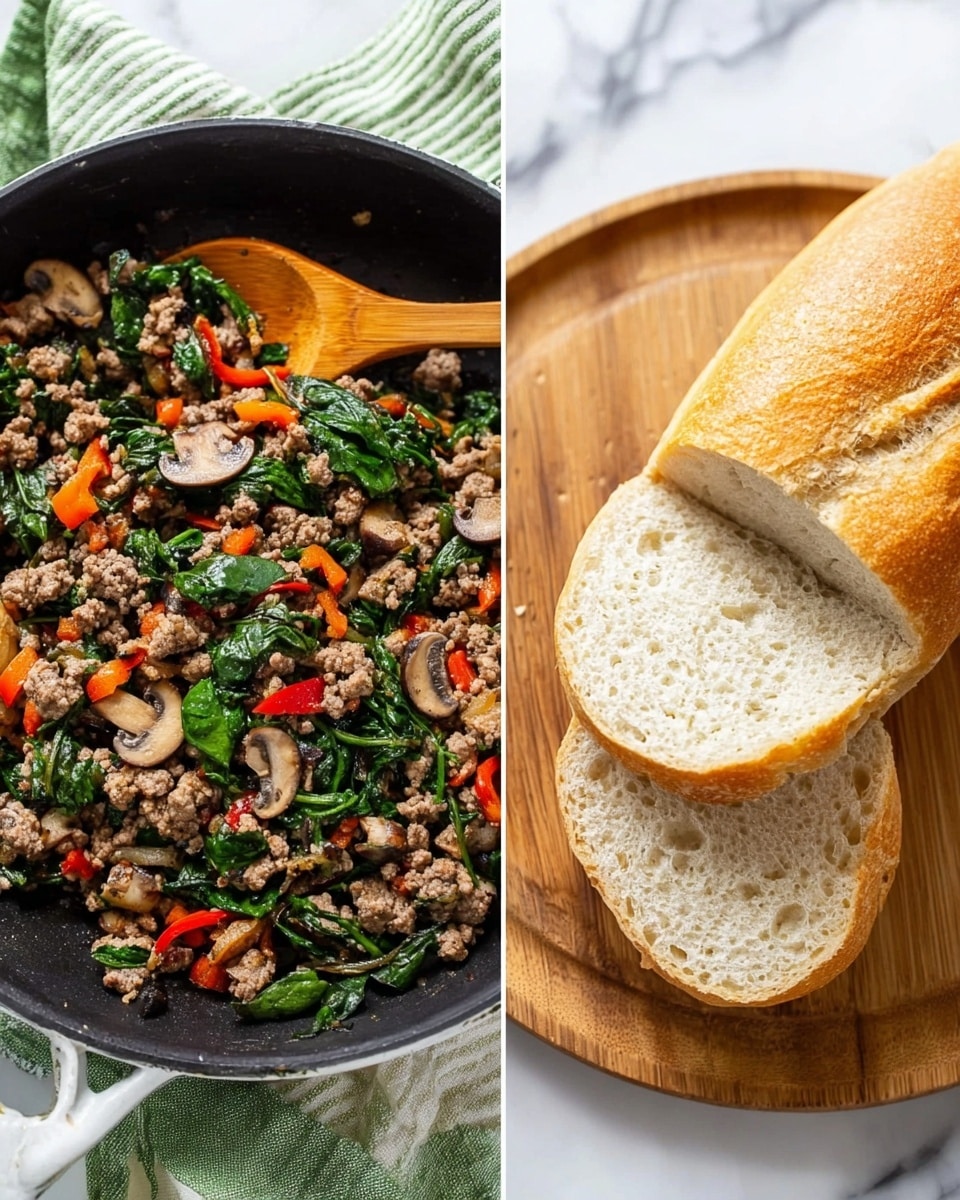 The image shows two parts: on the left, a black skillet filled with cooked ground meat, wilted dark green spinach leaves, sliced light brown mushrooms, and small pieces of red and orange bell peppers, with a wooden spoon resting inside the skillet; on the right, a hollowed-out loaf of bread with a golden-brown crust and soft white inside, placed on a round wooden cutting board, all set on a white marbled surface with a green and white striped cloth nearby photo taken with an iphone --ar 4:5 --v 7
