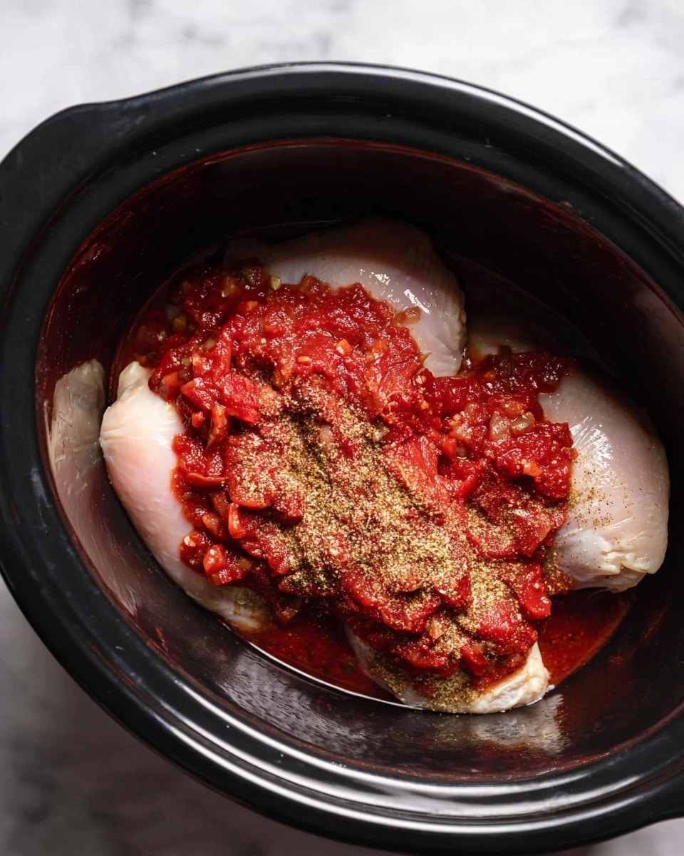 Inside a black slow cooker, there are three raw chicken pieces placed at the bottom, pale pink with smooth texture. On top of the chicken, a textured layer of deep red chunky tomato sauce with visible bits of vegetables cover the center. Light brown powdered spices are sprinkled unevenly on the chicken, showing a fine grain texture. The slow cooker is set on a white marbled surface. photo taken with an iphone --ar 4:5 --v 7
