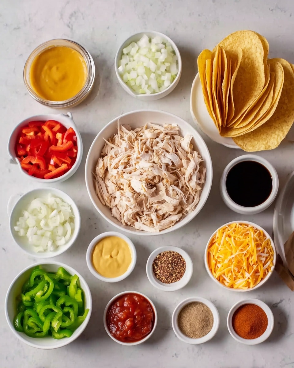 This image shows several small white bowls arranged neatly on a white marbled surface. In the middle, there is a larger white bowl filled with shredded light brown chicken. Surrounding it are smaller bowls: one with finely chopped white onions, another with diced red bell peppers, one with sliced green bell peppers, and another filled with shredded bright orange cheese. There is also a bowl with golden yellow taco shells stacked upright. Additional bowls hold yellow sauce, red salsa, a white creamy sauce, a black liquid, and several small white dishes with various spices including a reddish powder and a brown powder. Everything is clean and arranged carefully, ready to make a meal. Photo taken with an iphone --ar 4:5 --v 7