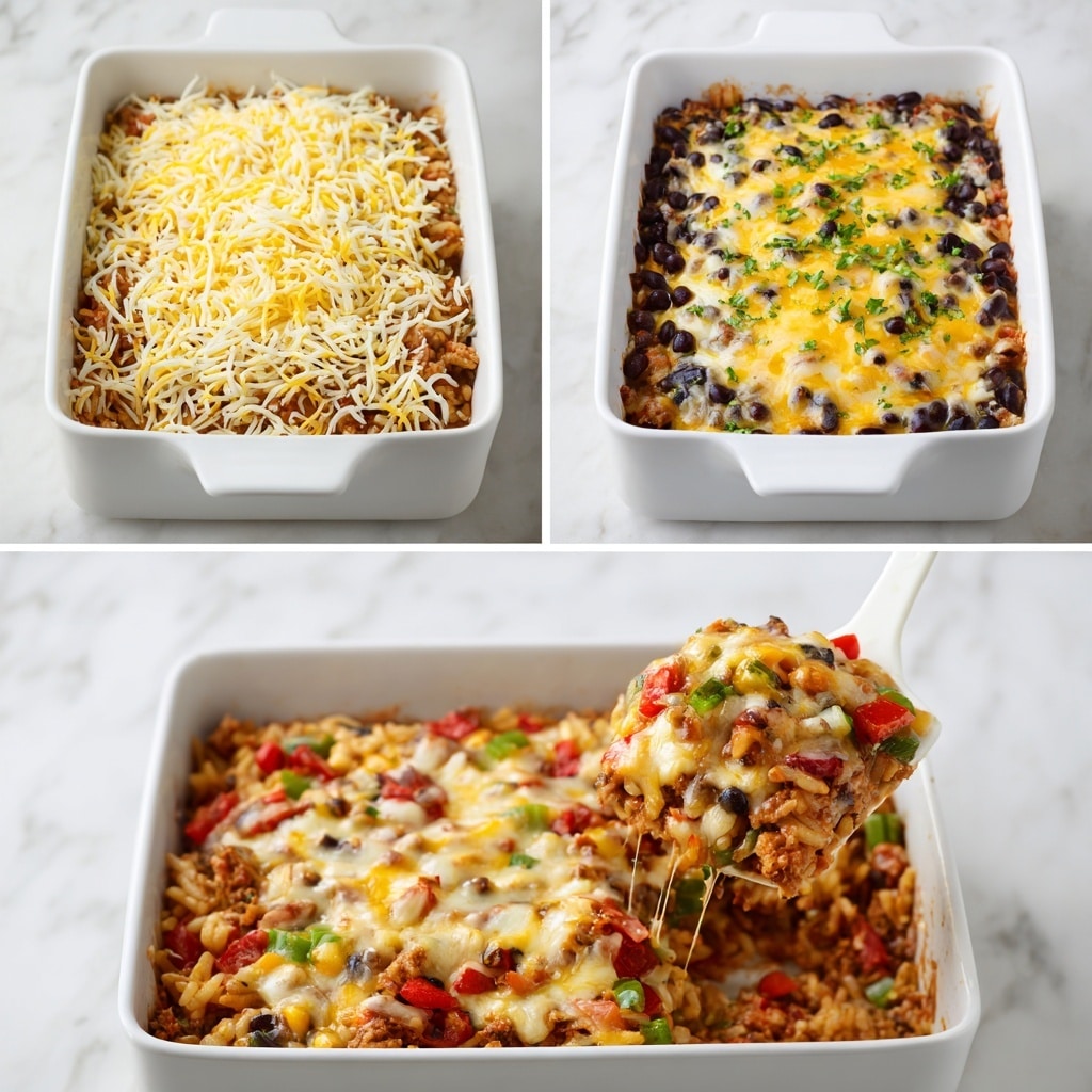 The image shows three stages of a baked casserole in a white rectangular dish on a white marbled surface. The first stage presents a top layer of mixed shredded yellow and white cheese covering a layer of beans and other ingredients, forming a dense texture. The second stage reveals the casserole baked with melted golden cheese and black beans visible on top, showing a smooth, slightly browned surface. The third stage shows a portion of the casserole being lifted by a white spatula, exposing a colorful mix of red and green diced vegetables, black beans, and cheese inside the creamy textured layers beneath the crust. Photo taken with an iphone --ar 4:5 --v 7