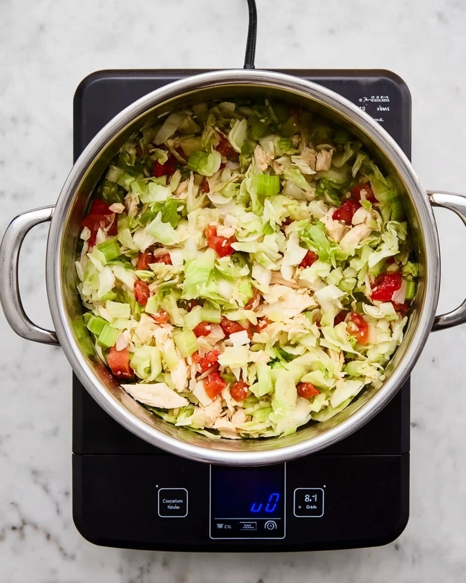 A round metal pot filled with a mix of chopped green cabbage, pale green celery slices, white pieces of chicken, and small red tomato chunks. The vegetables and chicken layers are spread evenly throughout the pot, showing a fresh and colorful mix with soft textures. The pot sits on a black electric stovetop with blue digital numbers and buttons at the bottom. The whole scene is on a white marbled surface. photo taken with an iphone --ar 4:5 --v 7