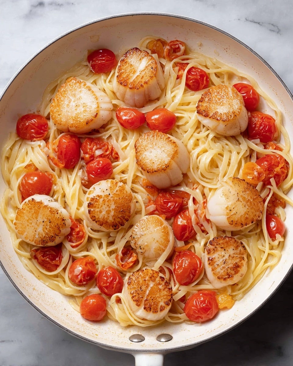 A white pan filled with a dish that has three main layers: the bottom layer is long, light yellow pasta strands that look soft and slightly oily; the middle layer has many whole and halved bright red cherry tomatoes scattered evenly; the top layer consists of nine round, golden brown scallops evenly placed around the pan, showing a cooked and slightly crispy texture on one side. The pan is placed on a white marbled surface. photo taken with an iphone --ar 4:5 --v 7