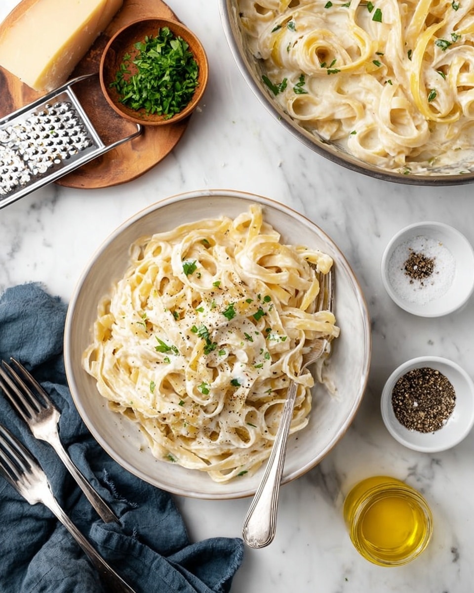 A bowl of white fettuccine pasta covered with creamy white sauce is positioned in the center. The pasta is topped with small pieces of chopped green herbs and sprinkled with black pepper. A silver fork rests on the bowl's right edge, touching the pasta. Above the bowl is a silver pan filled with more fettuccine pasta in creamy white sauce. To the left of the bowl is a small wooden dish with chopped green herbs on a white marble surface. Nearby, a silver grater holds a stick of pale yellow cheese. Two silver forks lie side by side near the top left corner. To the right of the bowl are two small white bowls with black pepper and salt, and near them is a small glass cup with golden olive oil. A folded dark blue cloth is on the lower left corner on the white marble countertop. photo taken with an iphone --ar 4:5 --v 7