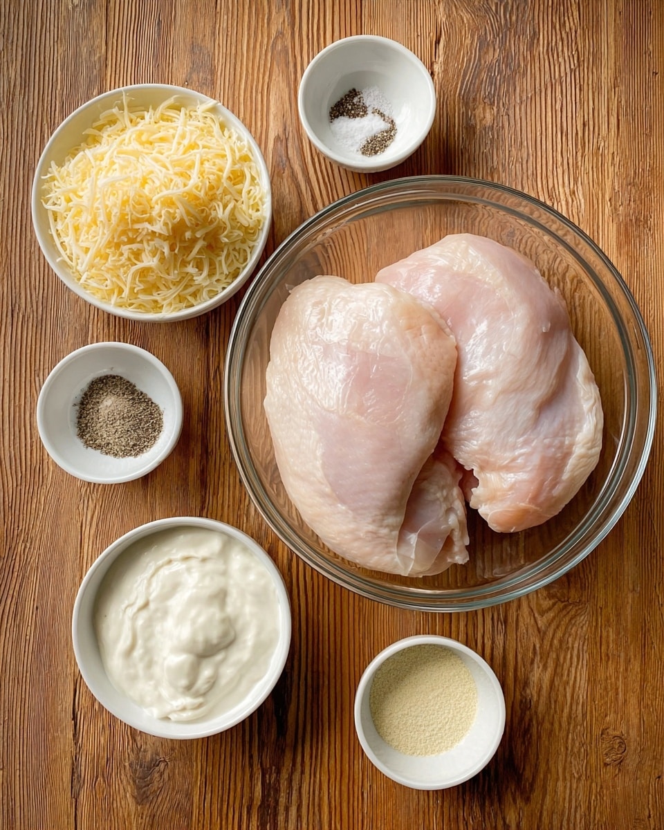 The image shows a clear glass bowl in the center with two large pieces of raw light pink chicken. Surrounding it are five small white bowls, arranged loosely around the main bowl. The top left bowl holds shredded light yellow cheese, the top right contains coarse white salt, the bottom left has black pepper, the bottom center contains creamy white sauce, and the bottom right has a small pile of pale yellow powder. All items are placed on a wooden surface with visible grain. Photo taken with an iphone --ar 4:5 --v 7
