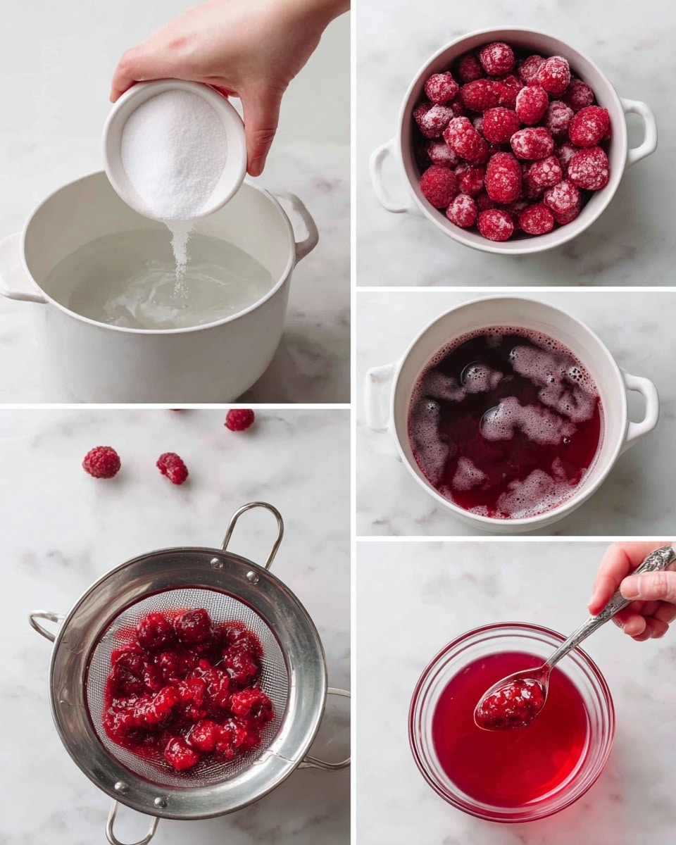 The series of six images shows the process of making a raspberry syrup or juice. The first image shows a woman's hand holding a small white bowl of sugar above a white pot with water. The second and fourth images show a pot filled with red raspberries, some whole and some soaking in water, placed on a white marbled surface. The third image shows the pot from above, with the liquid inside turning dark red and bubbly. The fifth image displays a metal sieve filled with mashed raspberries being held above a white bowl collecting the red juice. The sixth image shows a woman's hand holding a spoon with a frozen raspberry over a clear glass bowl filled with bright red liquid. All images have a clean, bright look with a white marbled surface background. photo taken with an iphone --ar 4:5 --v 7