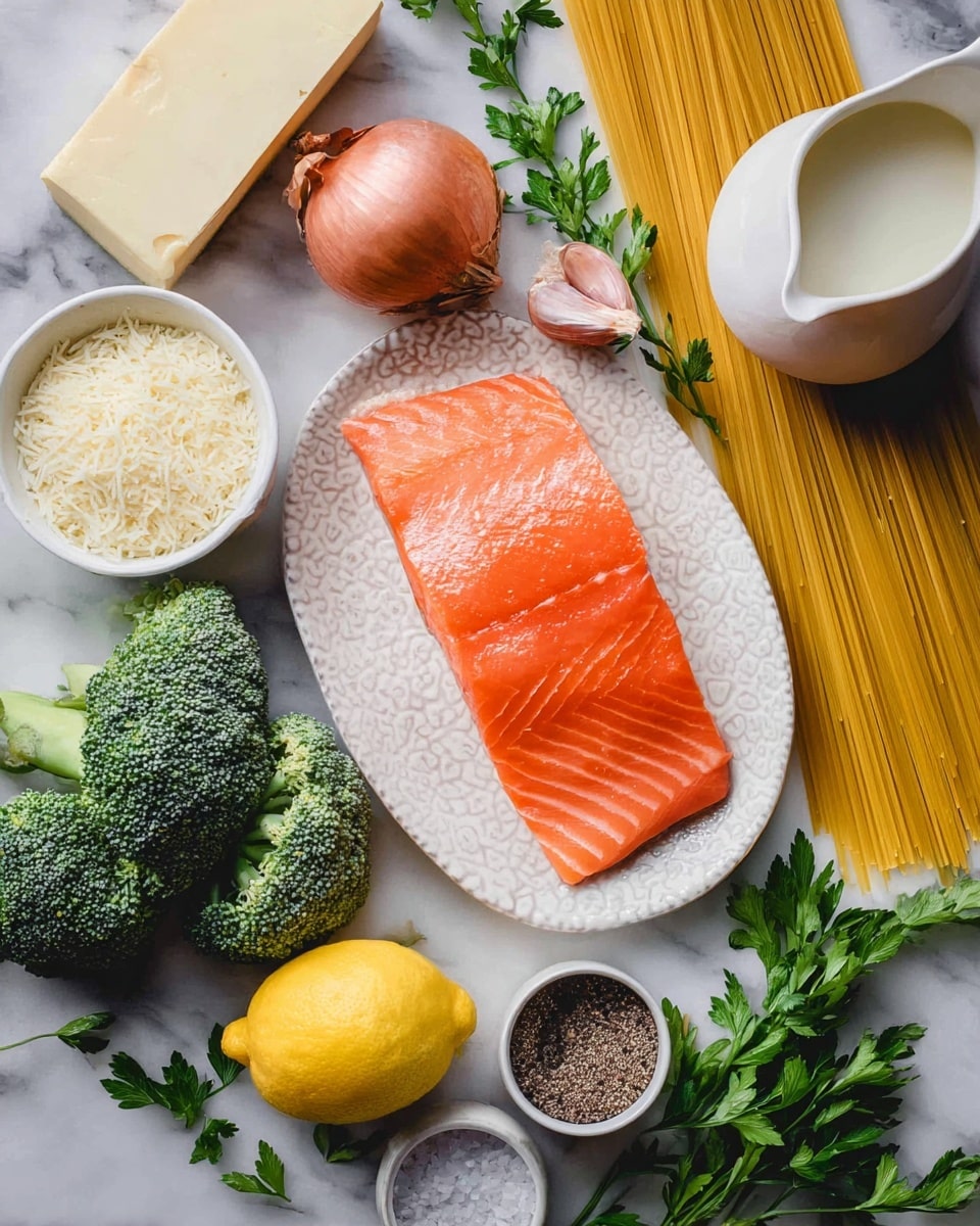 A raw salmon fillet with bright orange flesh lies on a white plate with a subtle pattern, placed on a white marbled surface. Around it, there are several fresh broccoli florets with a rich green color, a head of garlic, a whole shallot with reddish skin, a lemon with a vibrant yellow peel, and a small white bowl filled with grated cheese. A bundle of uncooked spaghetti pasta strands fans out diagonally near the center. There is also a white pitcher with cream or milk, a stick of butter in white wrapping, a small bowl of black pepper, and fresh green parsley sprigs scattered nearby. All items are neatly arranged in a flat lay style. Photo taken with an iphone --ar 4:5 --v 7