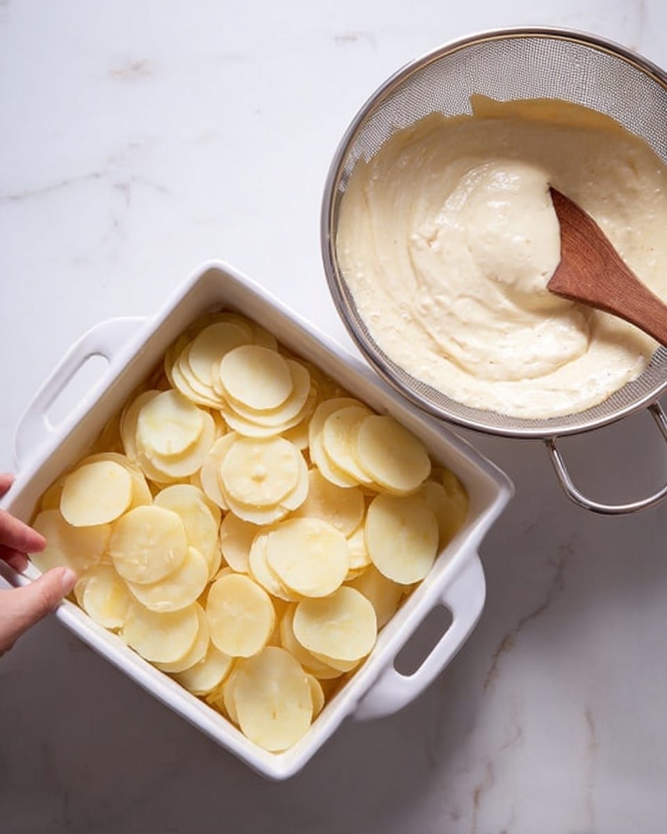 The image shows a white square baking dish filled with two layers of thin, pale yellow potato slices, with a smooth, creamy beige sauce being spread on top by a wooden spoon held by a woman's hand. Next to the baking dish, on a white marbled surface, there is a metal colander full of more thin potato slices. The scene is clean and bright, emphasizing the soft texture of the potatoes and the creamy sauce ready to be layered. photo taken with an iphone --ar 4:5 --v 7