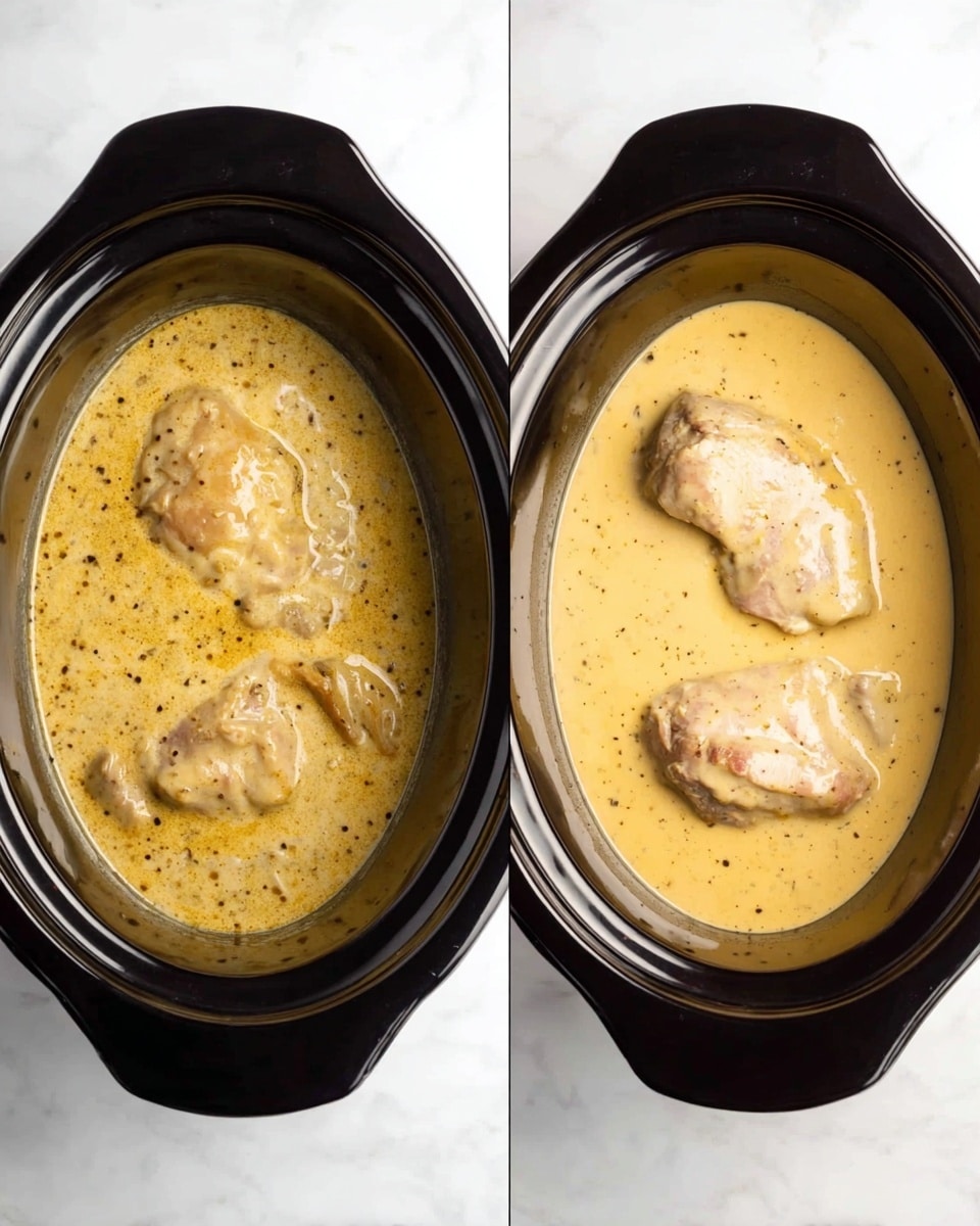 The image shows two black slow cookers placed on a white marbled surface, each filled with a creamy yellow sauce and pieces of meat submerged in it. The slow cooker on the left contains three visible pieces of meat covered partly by the sauce, which has a speckled texture with tiny black dots, indicating seasoning. The slow cooker on the right also contains three pieces of meat, but they are more fully visible, resting in a smoother, slightly darker yellow sauce without visible speckles. Both slow cookers are oval-shaped and have glossy black rims. photo taken with an iphone --ar 4:5 --v 7