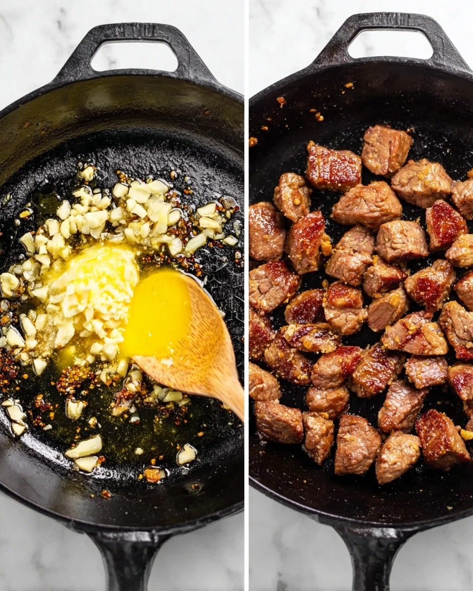 Two photos show a black cast iron pan on a white marbled surface. The first photo shows the pan with melting yellow butter and small chopped white garlic pieces sizzling together, with some small brown bits at the sides of the pan. The second photo shows the same pan full of browned, cooked meat chunks with a wooden spoon resting among the meat pieces, giving a close-up view of the textured and caramelized meat. Photo taken with an iphone --ar 4:5 --v 7
