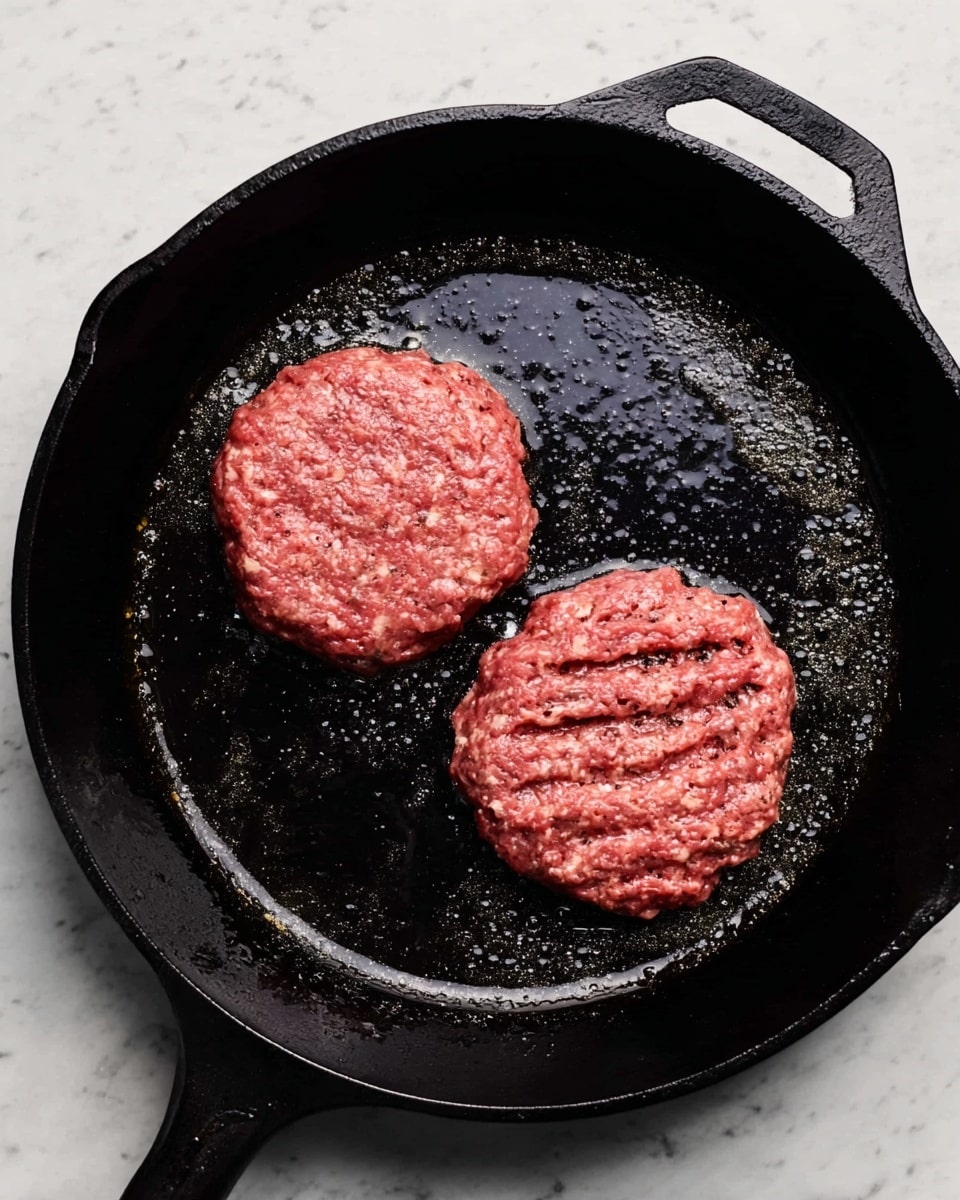 Two raw hamburger patties with reddish-pink color and visible texture lines are cooking in a black cast iron pan filled with hot oil. The patties sit side by side, starting to brown slightly on the edges. The pan is on a white marbled surface, showing a contrast between the dark pan and light background. The photo taken with an iphone --ar 4:5 --v 7