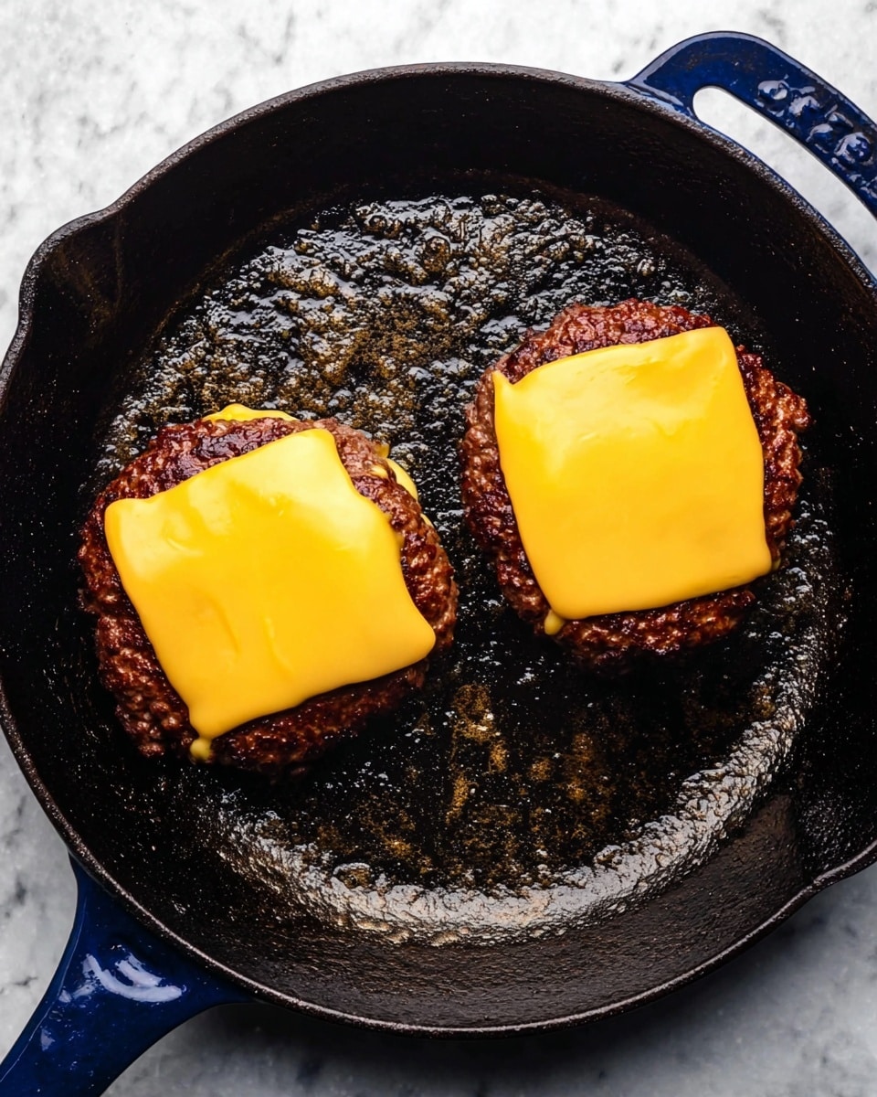 Two cooked burger patties with a bright yellow slice of melted cheese on each are shown inside a dark black cast iron pan with a blue handle. The patties have a crispy texture and a deep brown color, while the cheese looks smooth and slightly shiny, melting over the edges. The pan has small bubbles of hot oil around the patties and some brown bits stuck to the surface. The background is a white marbled texture. photo taken with an iphone --ar 4:5 --v 7