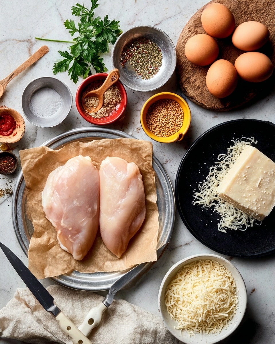 The image shows two raw smooth, pale pink chicken pieces on brown paper in a round silver tray, with two brown eggs next to it. There is a rustic wooden board with pepper in a grey bowl, salt in a white small bowl with a wooden spoon, and parsley leaves. A small yellow and red bowl contains a coarse brown seasoning mix. To the right, a black plate holds grated white cheese and a chunk of hard cheese. Near it, two small metal cups hold finely grated ingredients, one pale yellow and the other white shredded cheese. A white dish is at the bottom holding a beige cloth and two knives with white handles. All items are set on a white marbled surface. Photo taken with an iphone --ar 4:5 --v 7