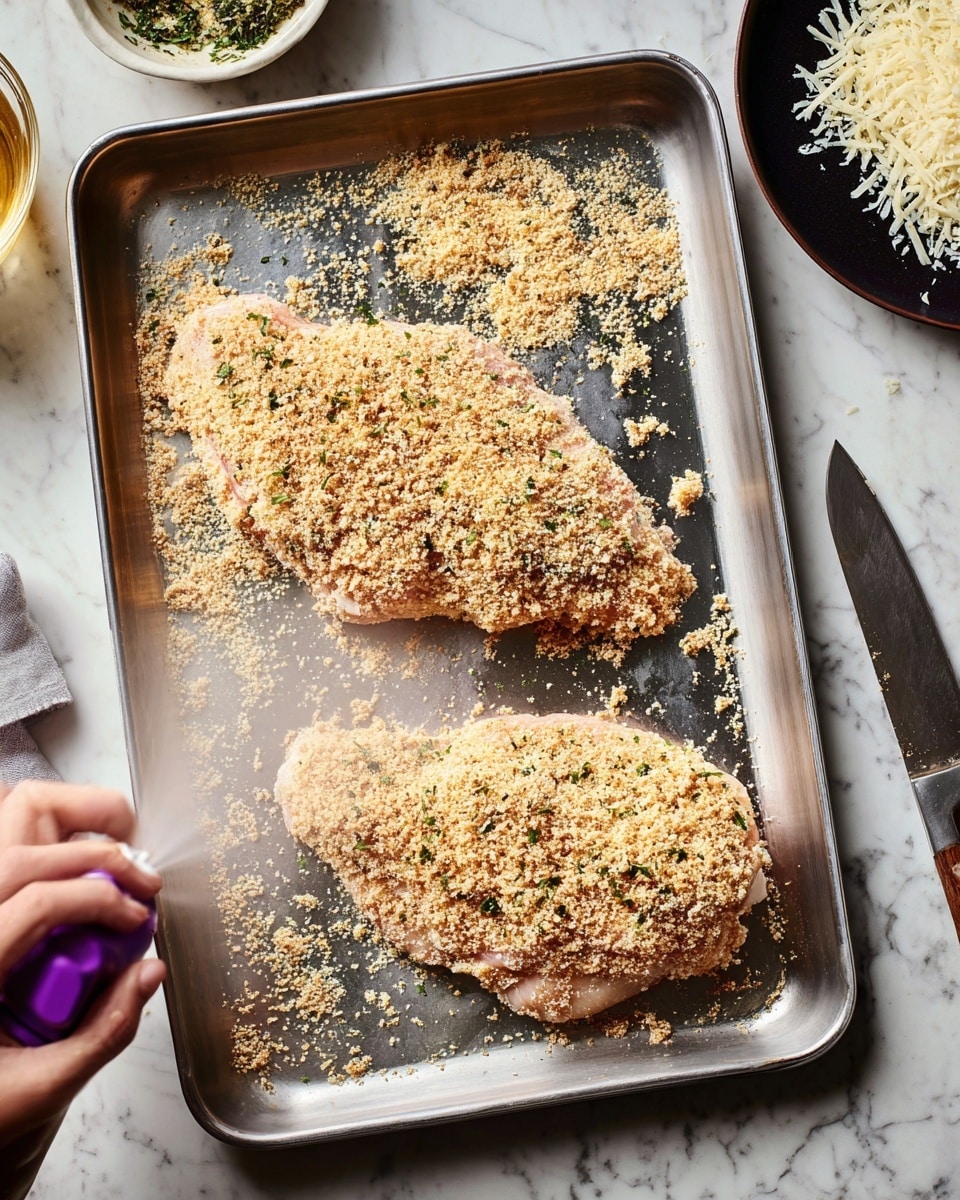 The image shows two large pieces of raw chicken on a metal tray, each covered with a layer of light golden breadcrumbs mixed with small bits of herbs, giving a textured, crumbly look. The chicken pieces are spread flat, both occupying most of the tray’s surface, with some crumbs scattered around them. At the bottom left corner, a woman's hand is spraying what appears to be a mist from a purple spray can over the lower piece of chicken. Around the tray, there are bowls and a knife on a white marbled surface, with some grated cheese visible on a dark plate in the upper right. Photo taken with an iphone --ar 4:5 --v 7