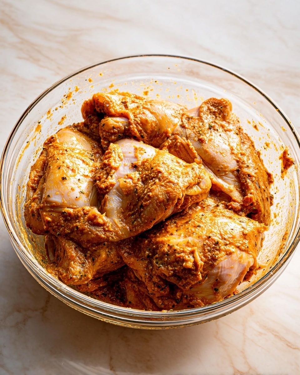 A clear glass bowl sits on a white marbled surface, filled with several pieces of raw chicken thighs coated in a thick, orange-brown marinade. The chicken pieces are layered unevenly, showing the skin texture and the spices mixed into the paste, which has a slightly grainy texture with visible herbs and garlic bits. The marinade spreads on the sides of the bowl, giving a messy but appetizing look. The lighting highlights the glossy sheen on the marinade and the white chicken skin beneath. Photo taken with an iphone --ar 4:5 --v 7