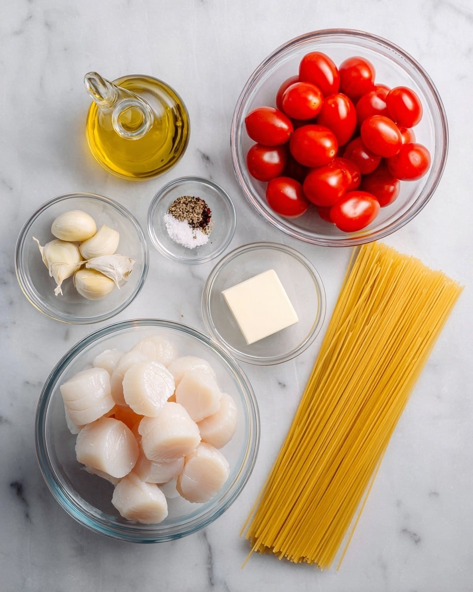 The image shows six clear glass bowls and one clear glass bottle arranged on a white marbled surface. The largest bowl in the bottom left-center contains large white scallops with a smooth texture. At the top right of that is a bowl filled with bright red cherry tomatoes that are shiny and round. To the right of the tomatoes is a bundle of uncooked yellow spaghetti sticks lying flat. Above the scallops is a small bowl with coarse salt and cracked black pepper. To the left of that is a small clear glass bottle filled with light golden olive oil and a spout. Below the oil is a small bowl with two peeled garlic cloves, smooth and pale yellow. To the right of the scallops is a small bowl with a white square piece of butter. photo taken with an iphone --ar 4:5 --v 7