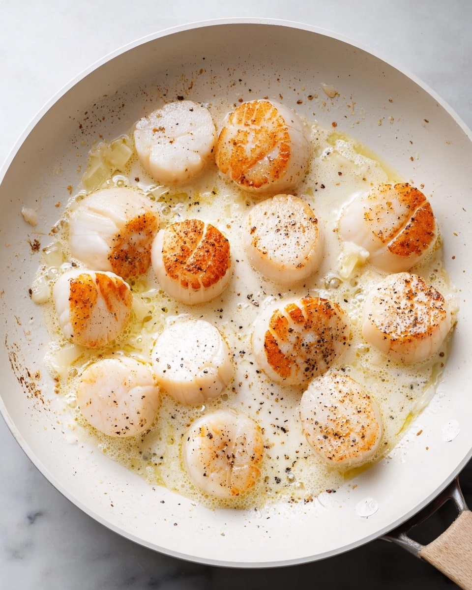 A white pan holds a single layer of small round scallops cooking in light butter sauce. Each scallop has a golden-brown seared top with a soft white base and is sprinkled with black pepper. The sauce gently bubbles around the scallops, mixing pale yellow and white with a slight oily sheen. The pan rests on a white marbled surface. photo taken with an iphone --ar 4:5 --v 7