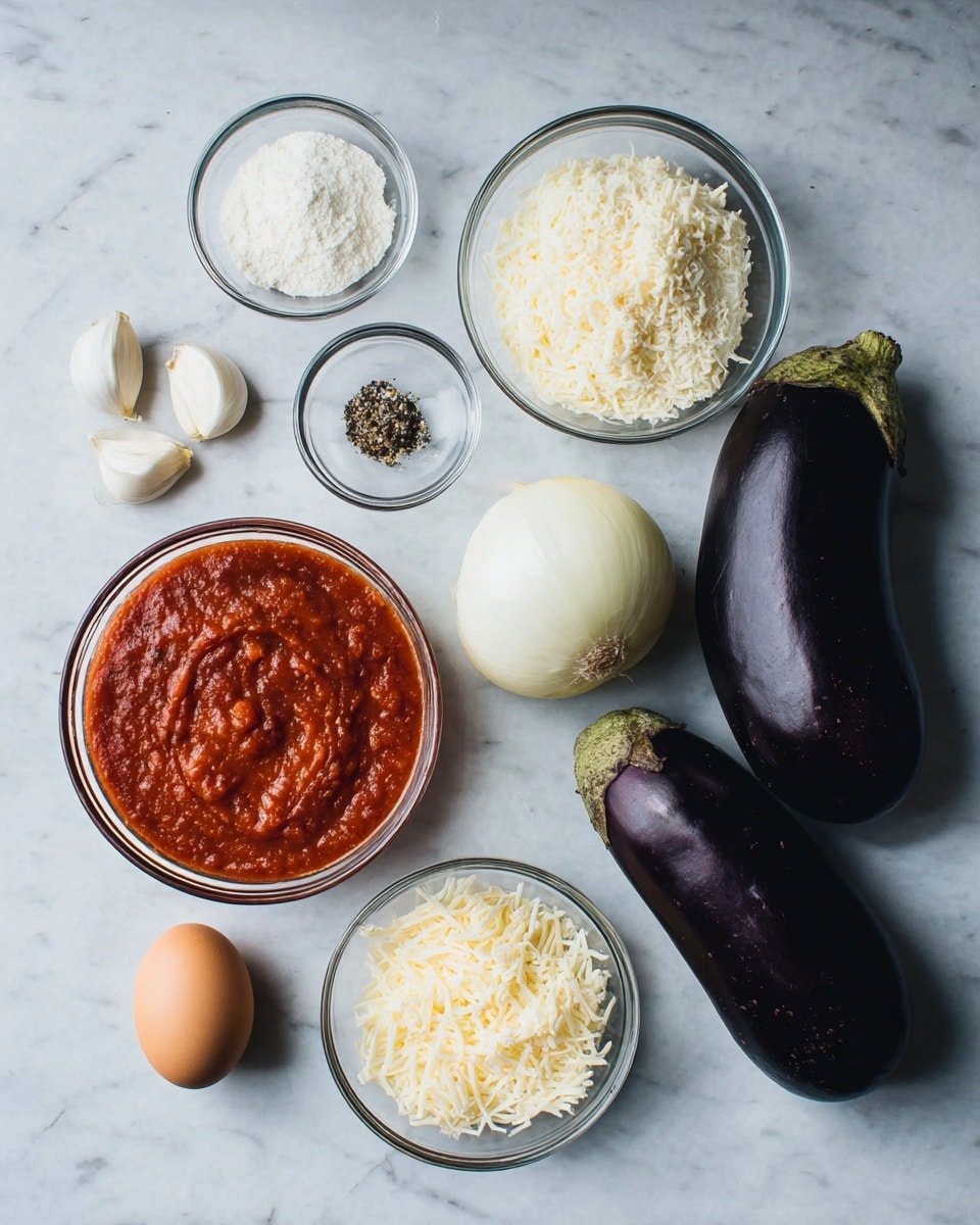 The image shows ingredients for a dish arranged neatly on a white marbled surface. There are two dark purple eggplants on the right side, with a whole white onion placed near them. Next to the onion are four small garlic cloves. In the center, there is a clear glass bowl filled with red tomato sauce. Around this bowl are smaller clear glass bowls: one with shredded white cheese, one with white ricotta cheese, and one with light yellow grated Parmesan cheese. An egg is placed near the Parmesan bowl, and a small bowl with mixed black pepper and salt is on the top left. The photo has soft, natural lighting, captured to show all details clearly. photo taken with an iphone --ar 4:5 --v 7