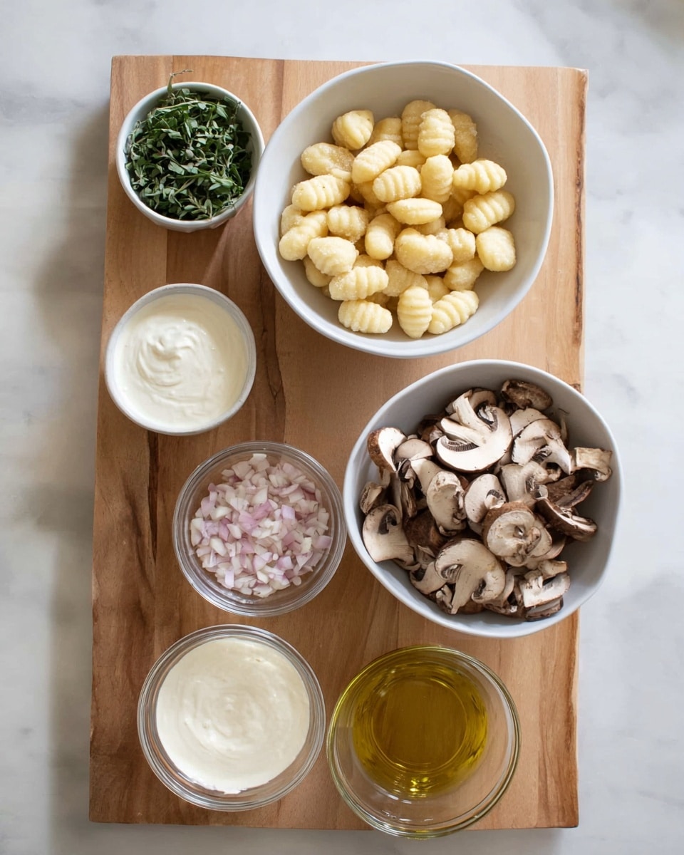 The image shows a wooden board on a white marbled surface with six bowls of ingredients for a dish. At the top center, there is a white bowl filled with pale yellow gnocchi that have small ridges. To the right is another white bowl filled with sliced brown mushrooms. Below the mushrooms is a small clear glass bowl with a creamy white sauce. To the left of this is a small clear bowl with finely chopped pale pink shallots. Above the shallots is a clear bowl of golden olive oil. At the top left is a small white bowl with fresh green herbs, and finally, at the far left top corner is a clear bowl filled with white cream. photo taken with an iphone --ar 4:5 --v 7