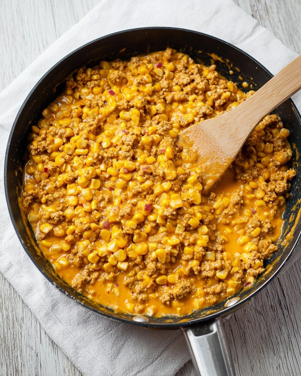 A close-up view of a black skillet full of creamy corn and ground meat mixture, showing two main layers: yellow corn kernels scattered throughout and crumbled, light brown cooked meat evenly mixed with the corn, all coated in a smooth, orange sauce with small bits of red onion visible. A wooden spatula rests inside the skillet, partially covered with the same mixture, stirring the dish. The skillet sits on a white cloth over a white marbled texture background. photo taken with an iphone --ar 4:5 --v 7