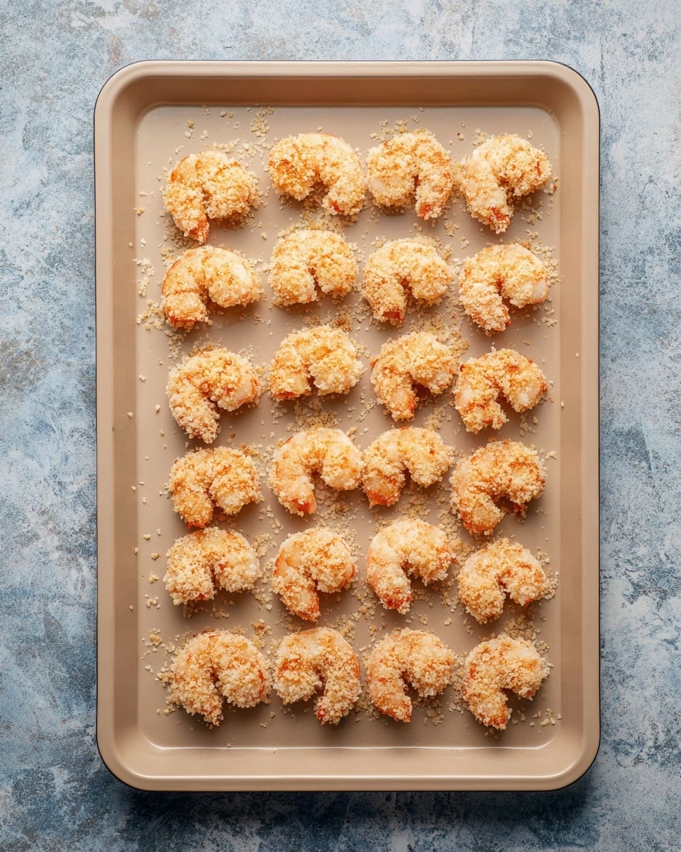 A beige baking tray holds several pieces of small shrimp neatly arranged in six vertical rows. Each shrimp is coated with a rough, light tan crumb layer that looks crispy and uneven, showing little flakes sticking out. The shrimp pieces vary slightly in size and shape but are uniformly covered with the crumb mixture. The tray sits on a white marbled textured surface that contrasts with the shrimp’s sandy color and the tray’s muted beige edges. The overall view is from above, highlighting the clean line arrangement and textural details of the crumb coating. Photo taken with an iphone --ar 4:5 --v 7