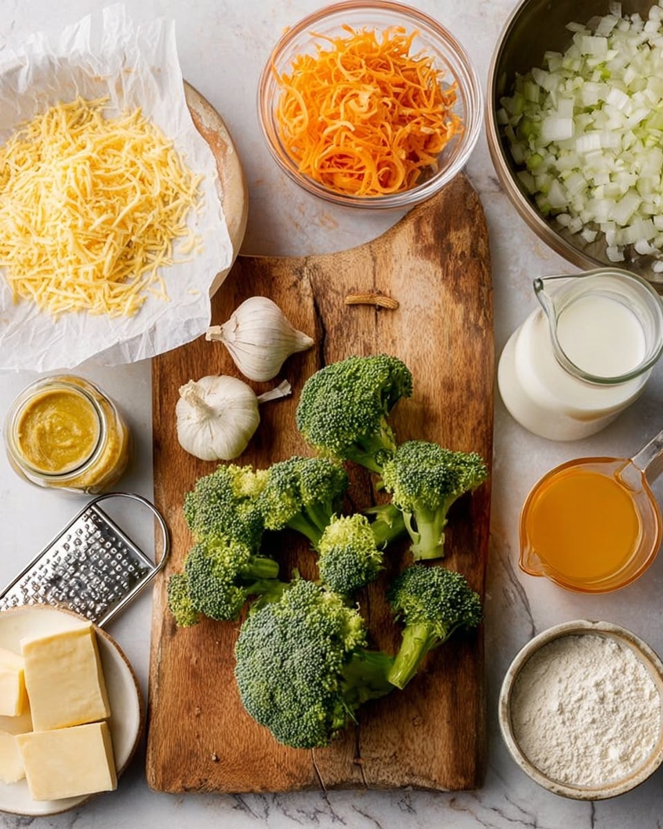 A wooden cutting board is placed on a white marbled surface with several pieces of fresh green broccoli, three garlic cloves, and a small jar of yellow paste. Above the cutting board, a glass bowl contains thin, long orange carrot strips, and next to it is a clear glass bowl filled with chopped white onions. To the left, there are butter pieces on white paper and shredded yellow cheese on a white plate, with a cheese grater nearby. On the right side of the board, there is a glass bottle filled with milk. Below, a clear measuring cup holds orange liquid, and a small white bowl contains white flour. At the top right, a large metal pan rests beside the cutting board. photo taken with an iphone --ar 4:5 --v 7